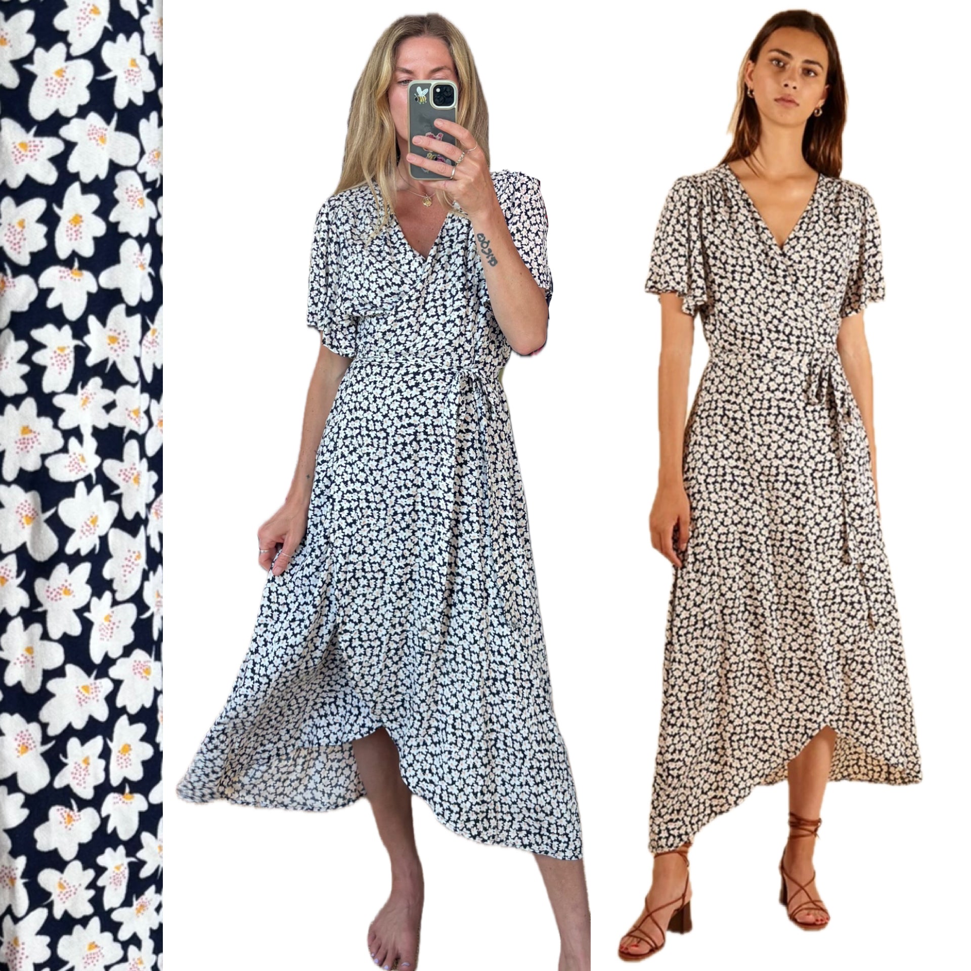 FRNCH Navy Blue Boho Cottagecore White Daisy Floral Print Maxi Wrap Dress