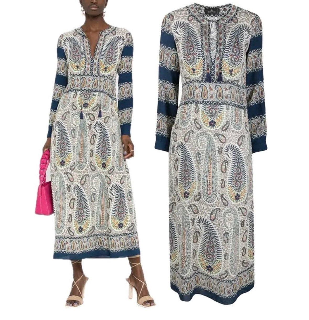 ETRO Mosaic Paisley Print Tassel Long Sleeve Maxi Boho Dress