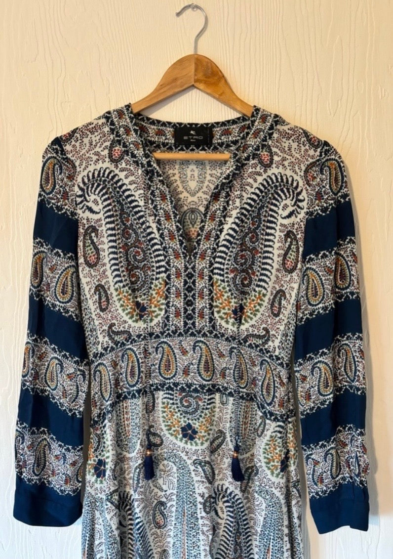 ETRO Mosaic Paisley Print Tassel Long Sleeve Maxi Boho Dress