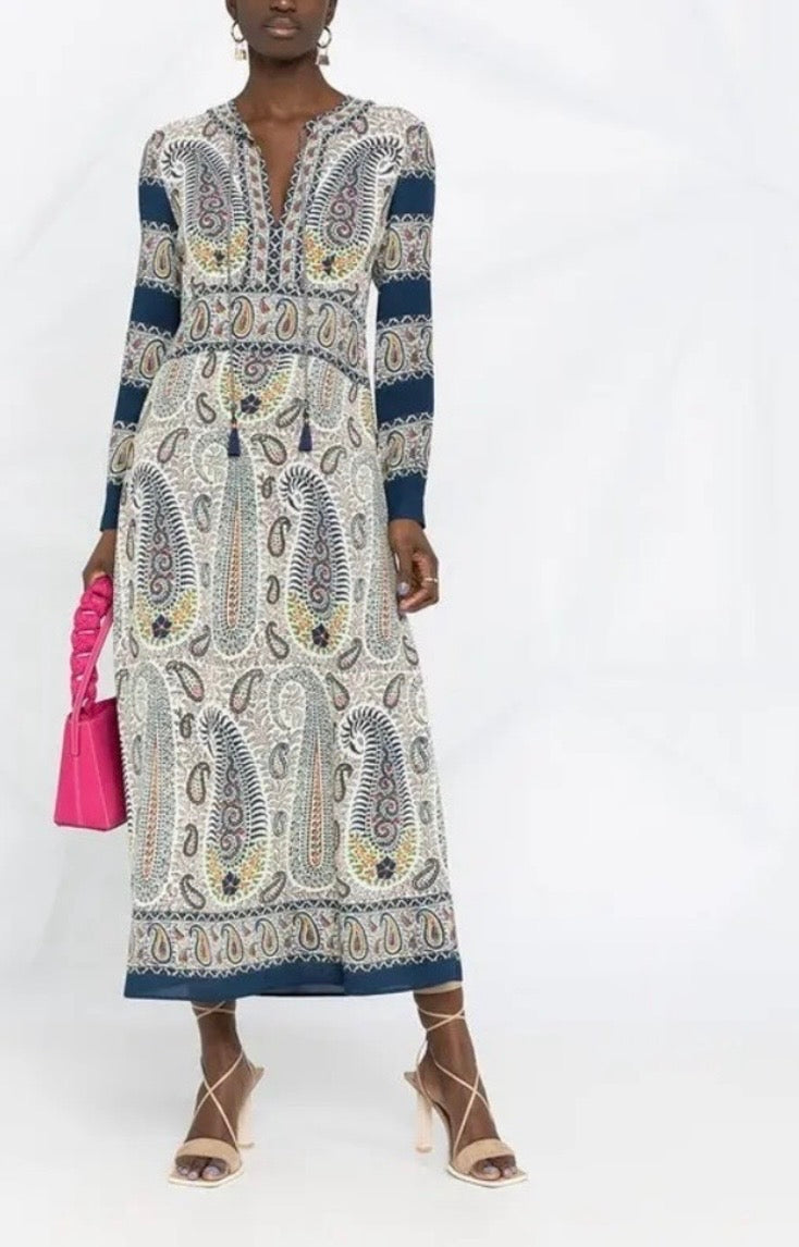 ETRO Mosaic Paisley Print Tassel Long Sleeve Maxi Boho Dress