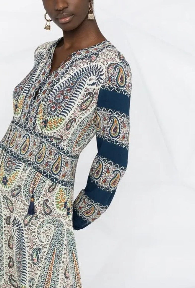 ETRO Mosaic Paisley Print Tassel Long Sleeve Maxi Boho Dress