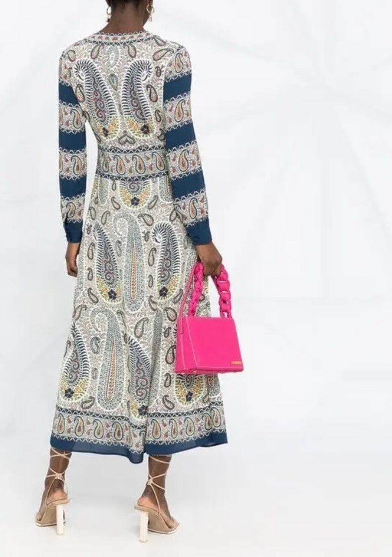 ETRO Mosaic Paisley Print Tassel Long Sleeve Maxi Boho Dress