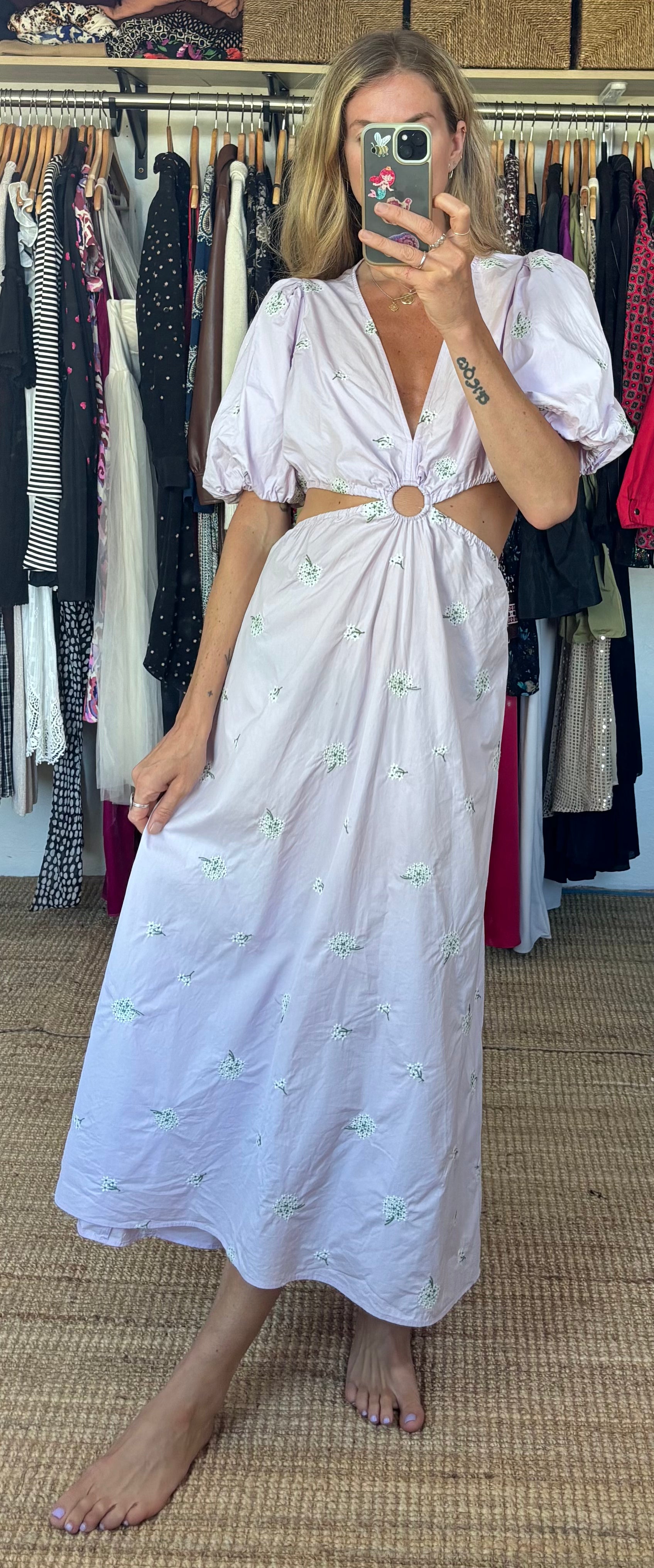 Zara Lylac Lavender Purple Puff Sleeve Cut Out Dainty Boho Maxi Dress