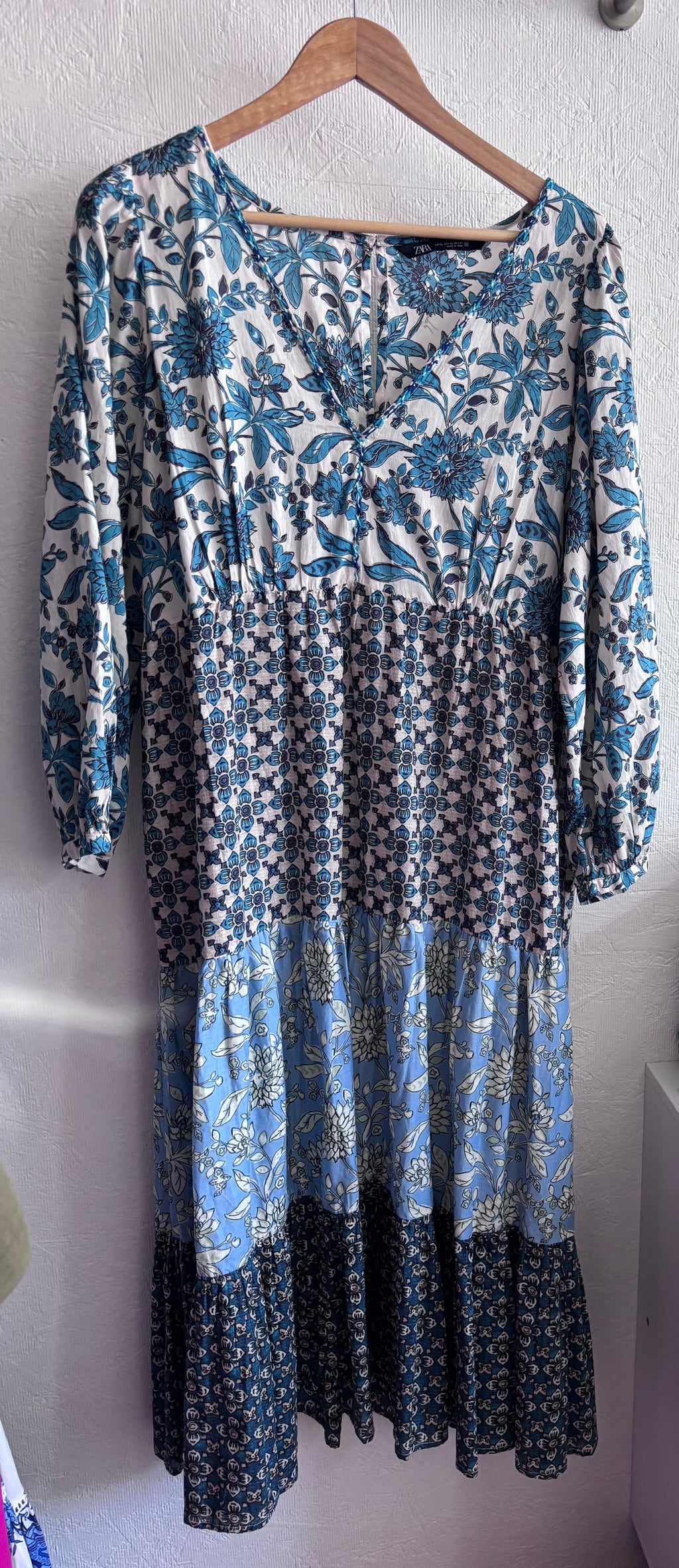 Zara Boho Floral Patchwork Print Tiered 100% Cotton Blue Boho Maxi Dress