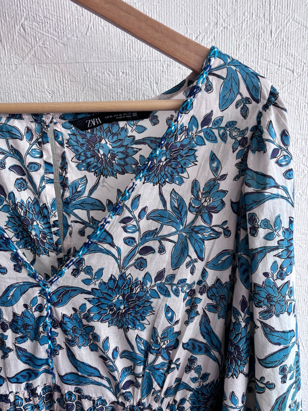 Zara Boho Floral Patchwork Print Tiered 100% Cotton Blue Boho Maxi Dress