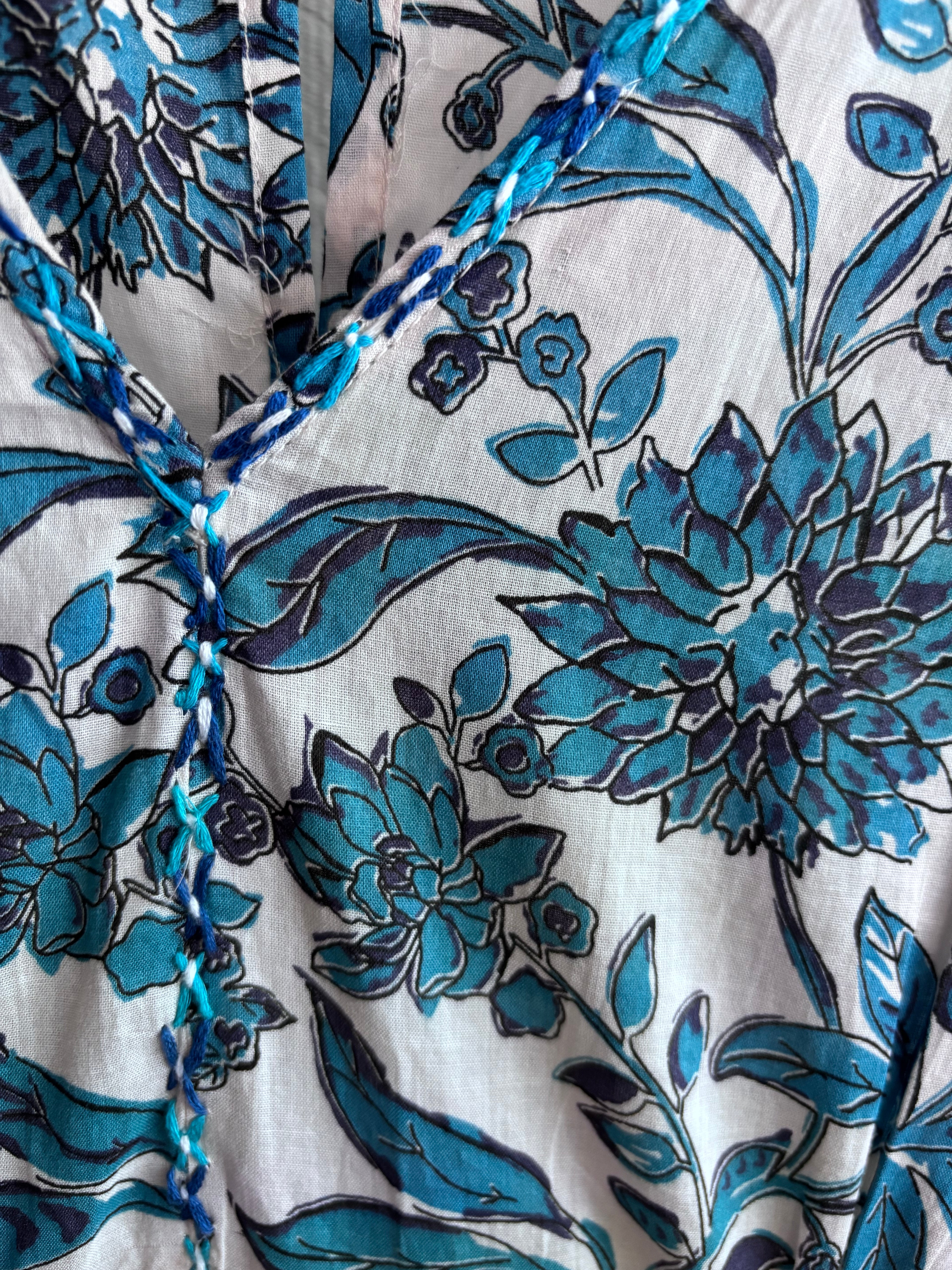 Zara Boho Floral Patchwork Print Tiered 100% Cotton Blue Boho Maxi Dress