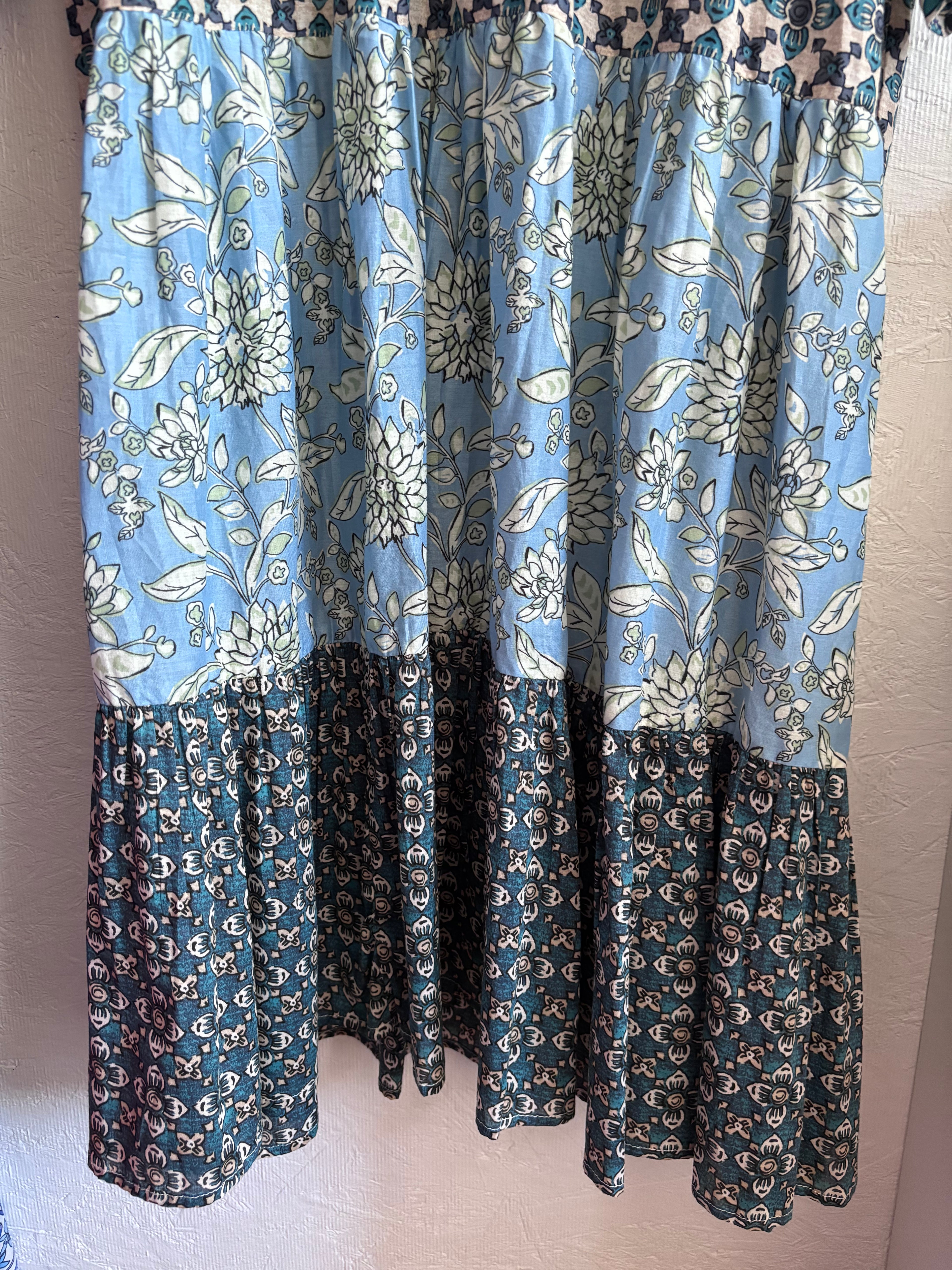 Zara Boho Floral Patchwork Print Tiered 100% Cotton Blue Boho Maxi Dress