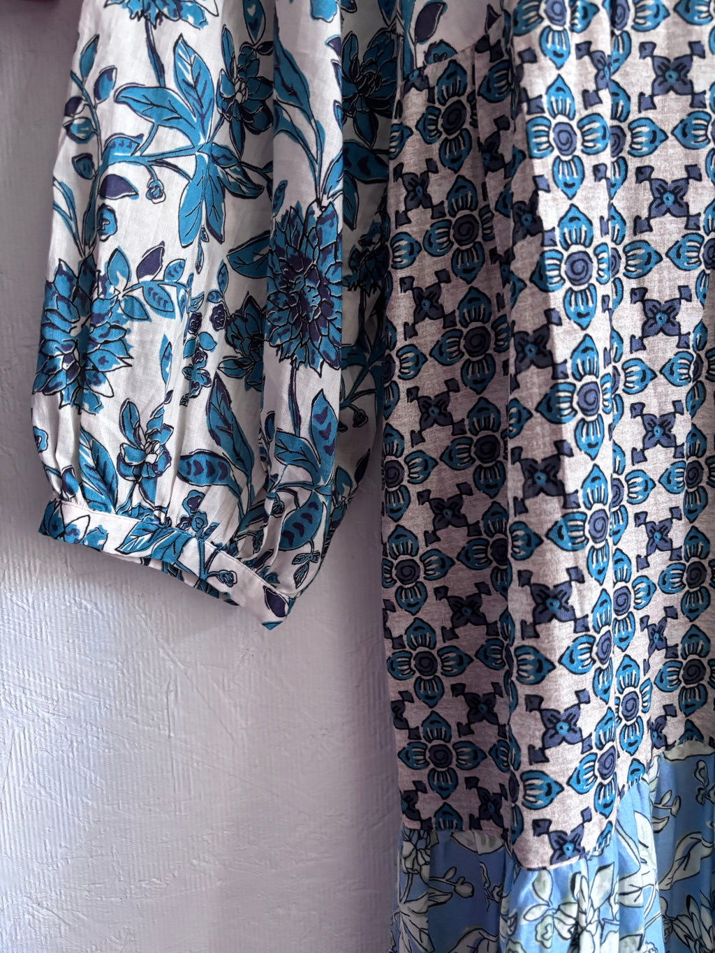 Zara Boho Floral Patchwork Print Tiered 100% Cotton Blue Boho Maxi Dress