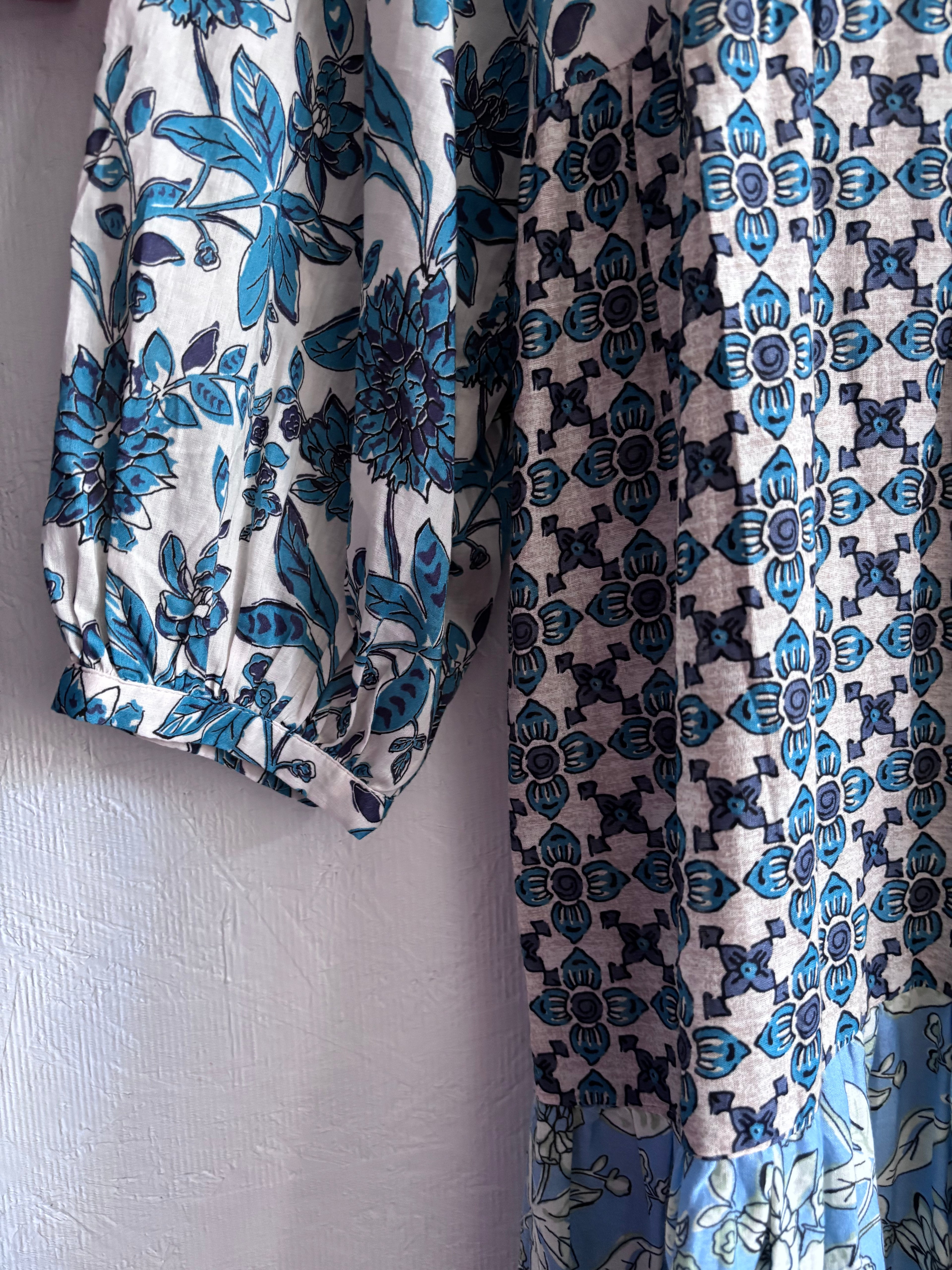Zara Boho Floral Patchwork Print Tiered 100% Cotton Blue Boho Maxi Dress
