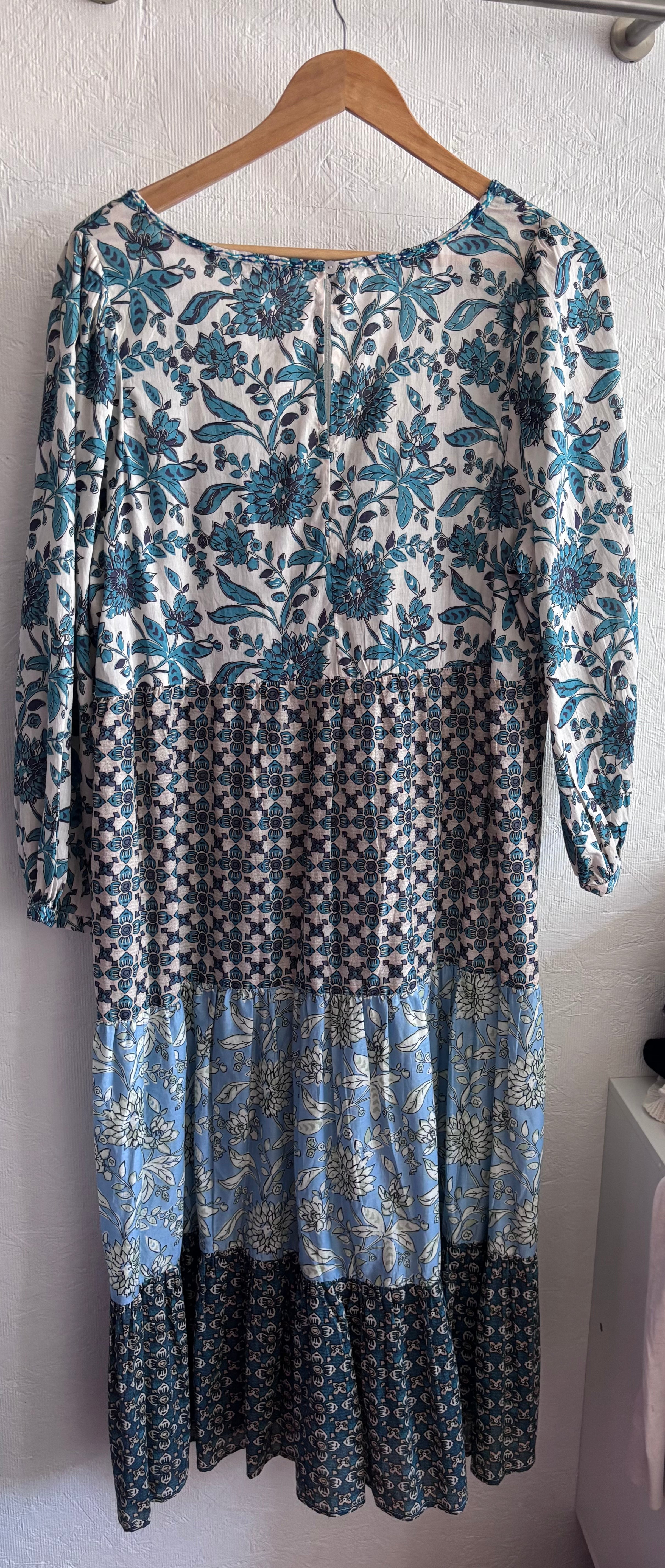 Zara Boho Floral Patchwork Print Tiered 100% Cotton Blue Boho Maxi Dress
