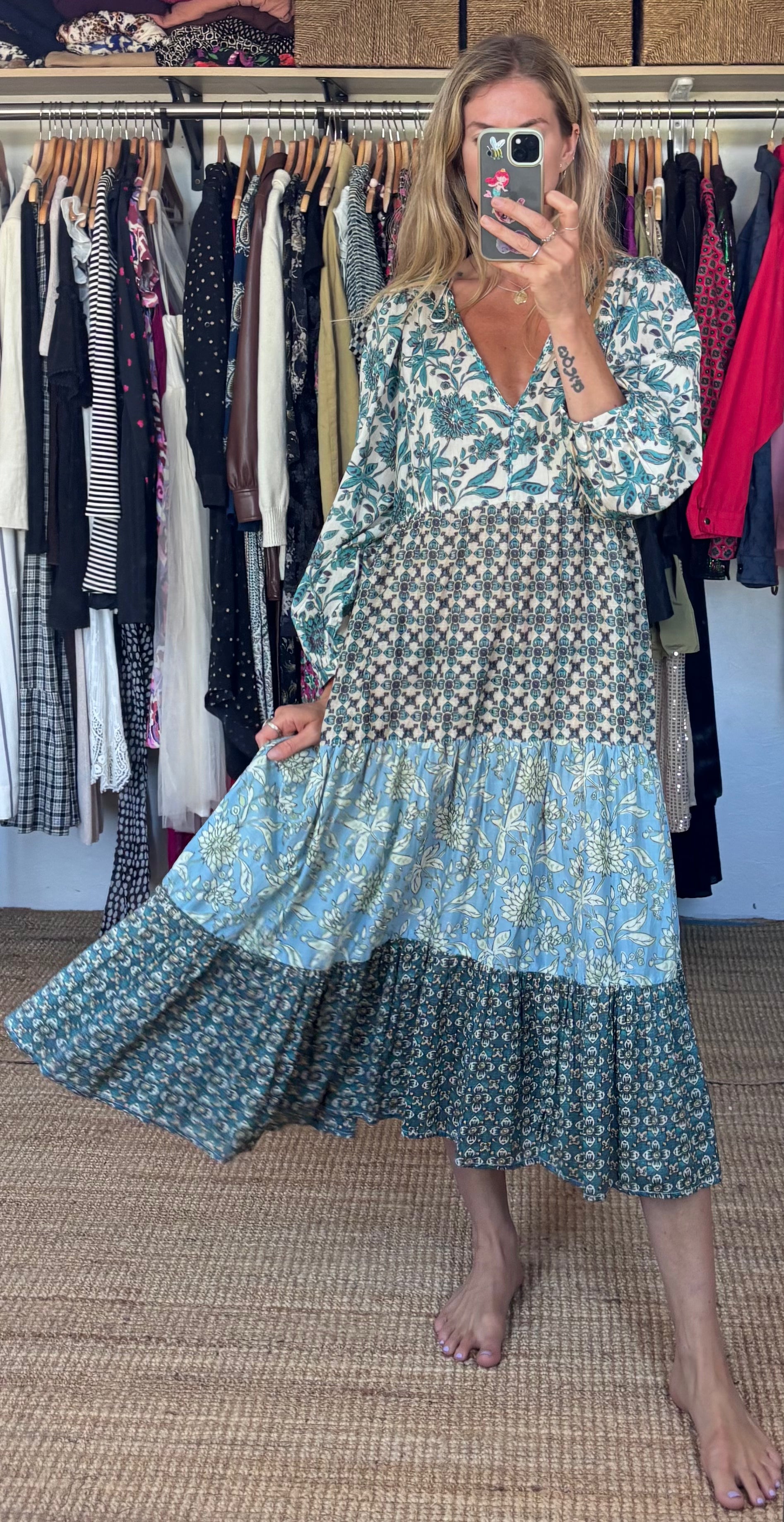 Zara Boho Floral Patchwork Print Tiered 100% Cotton Blue Boho Maxi Dress
