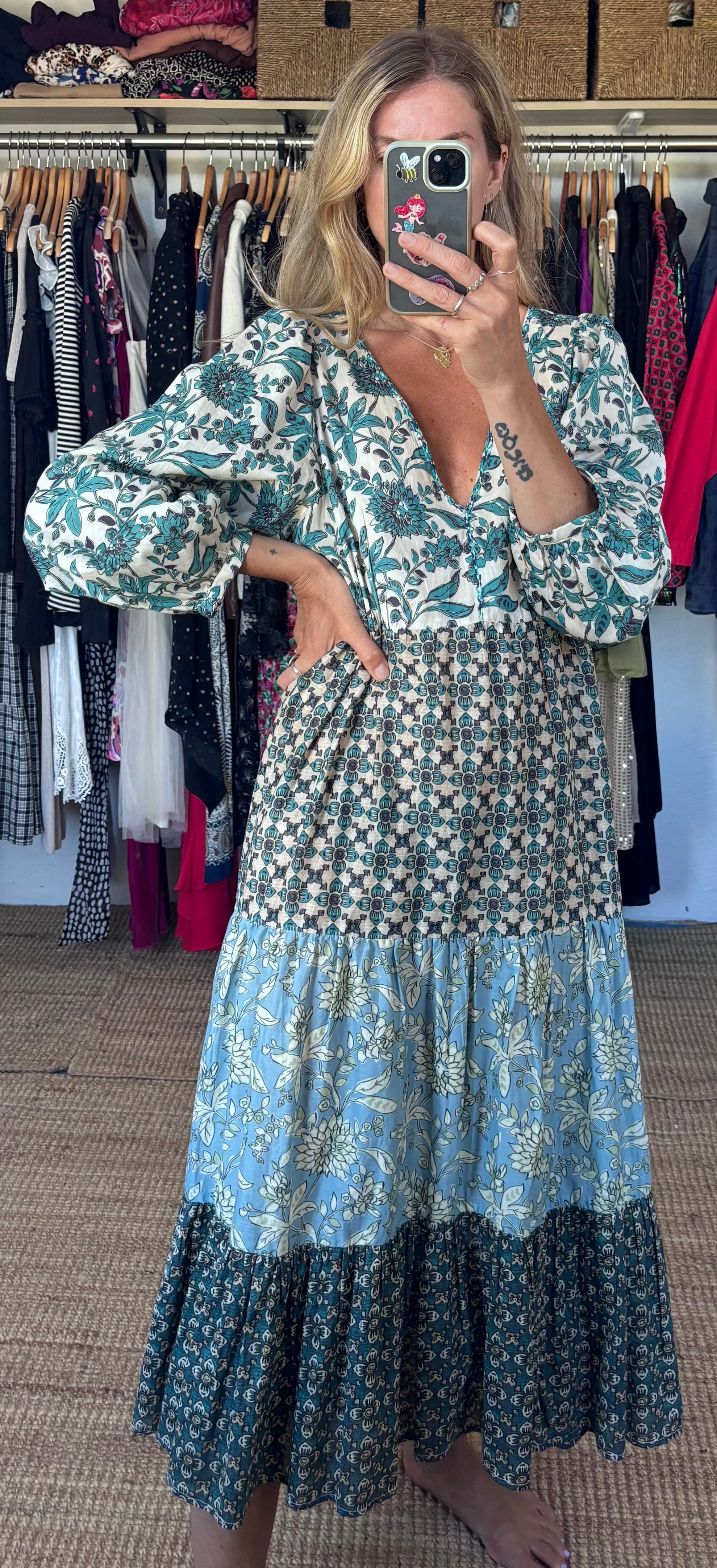 Zara Boho Floral Patchwork Print Tiered 100% Cotton Blue Boho Maxi Dress