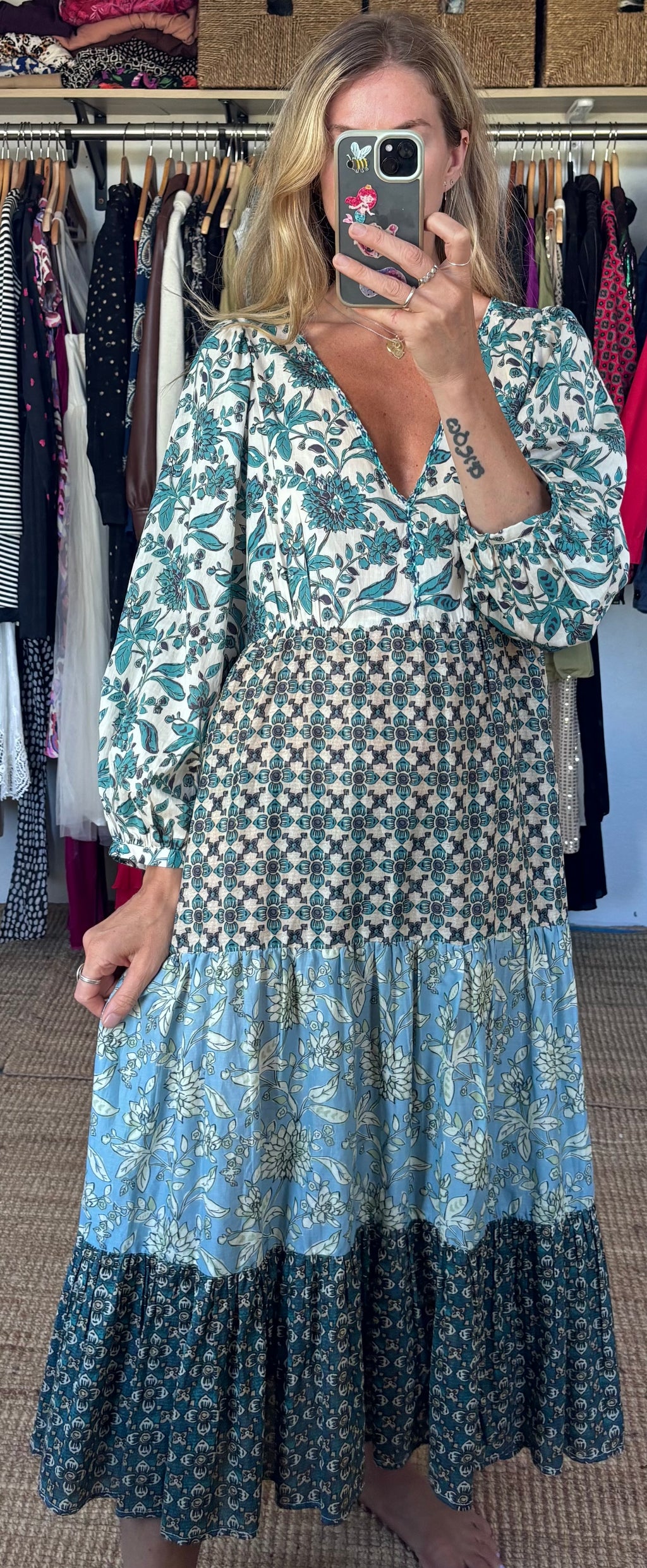 Zara Boho Floral Patchwork Print Tiered 100% Cotton Blue Boho Maxi Dress