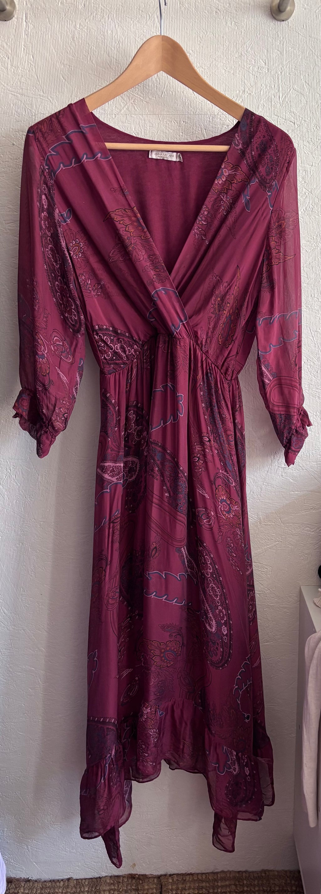 Vintage Anna Melan Made in Italy Boho Burgundy Maroon Paisley Print Ruffle Silk Blend Midi Dress