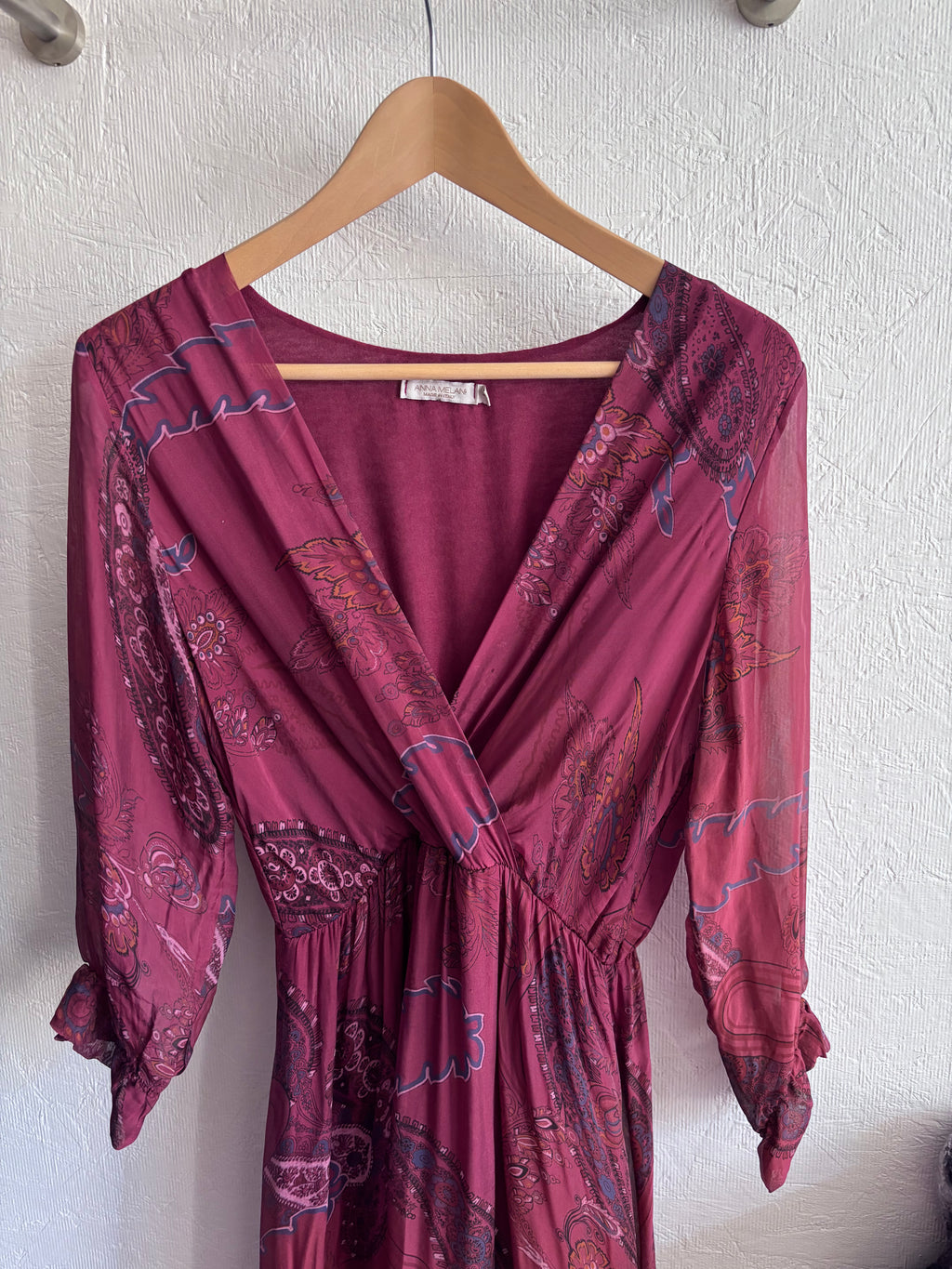 Vintage Anna Melan Made in Italy Boho Burgundy Maroon Paisley Print Ruffle Silk Blend Midi Dress