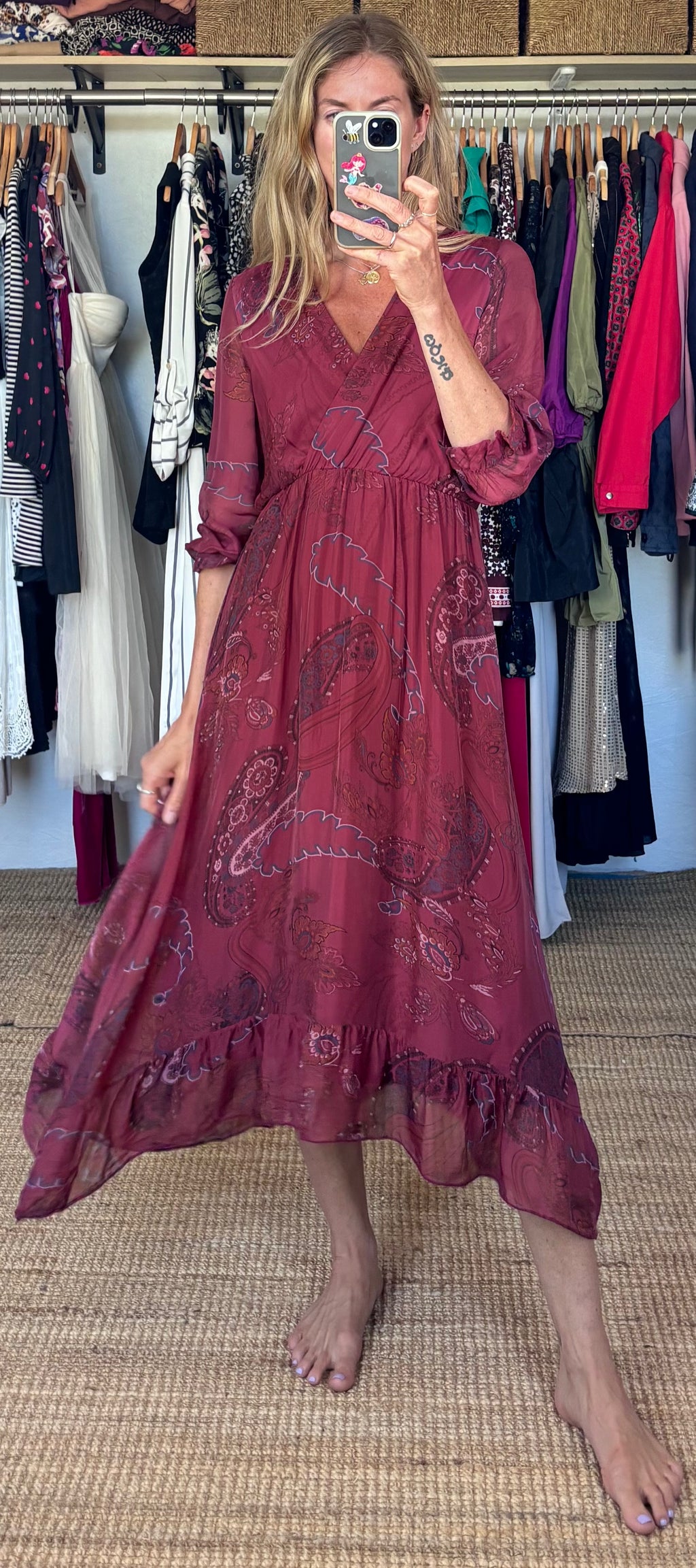Vintage Anna Melan Made in Italy Boho Burgundy Maroon Paisley Print Ruffle Silk Blend Midi Dress