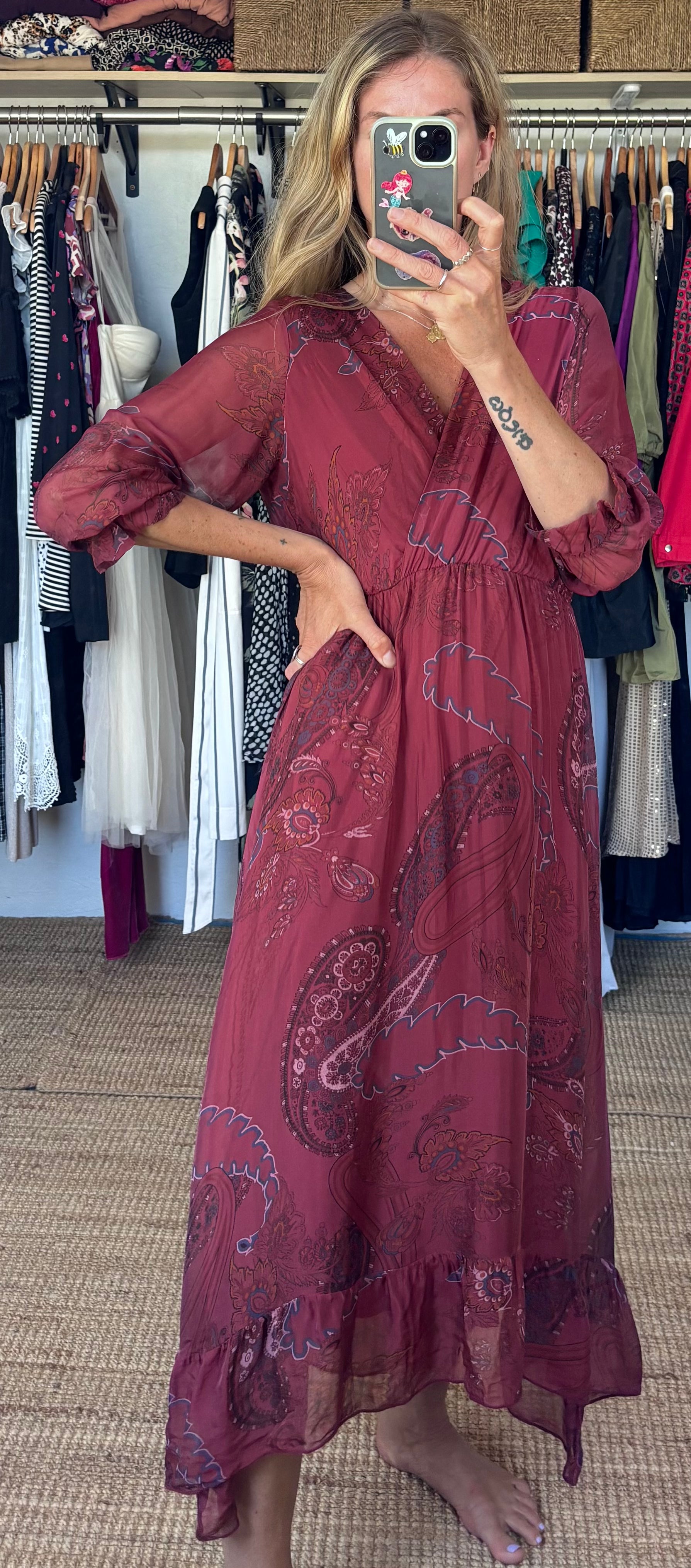 Vintage Anna Melan Made in Italy Boho Burgundy Maroon Paisley Print Ruffle Silk Blend Midi Dress