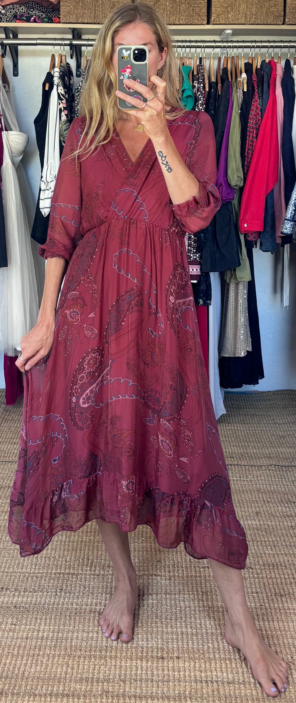 Vintage Anna Melan Made in Italy Boho Burgundy Maroon Paisley Print Ruffle Silk Blend Midi Dress