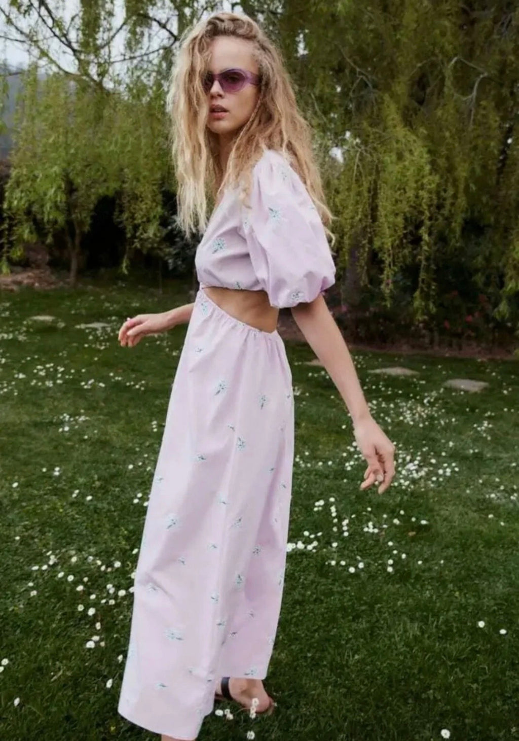 Zara Lylac Lavender Purple Puff Sleeve Cut Out Dainty Boho Maxi Dress