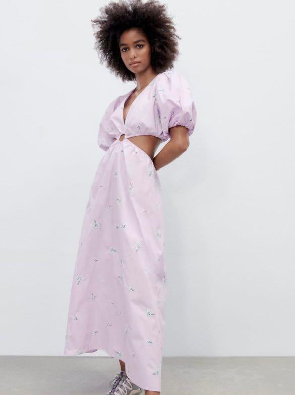 Zara Lylac Lavender Purple Puff Sleeve Cut Out Dainty Boho Maxi Dress