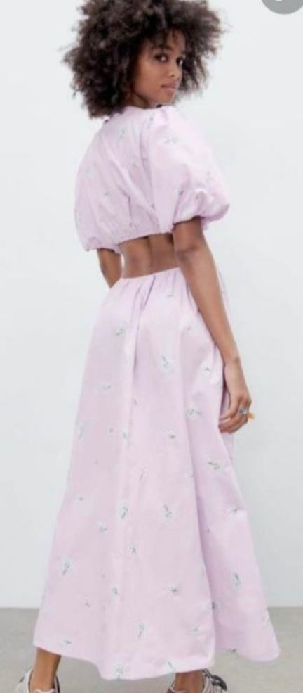 Zara Lylac Lavender Purple Puff Sleeve Cut Out Dainty Boho Maxi Dress