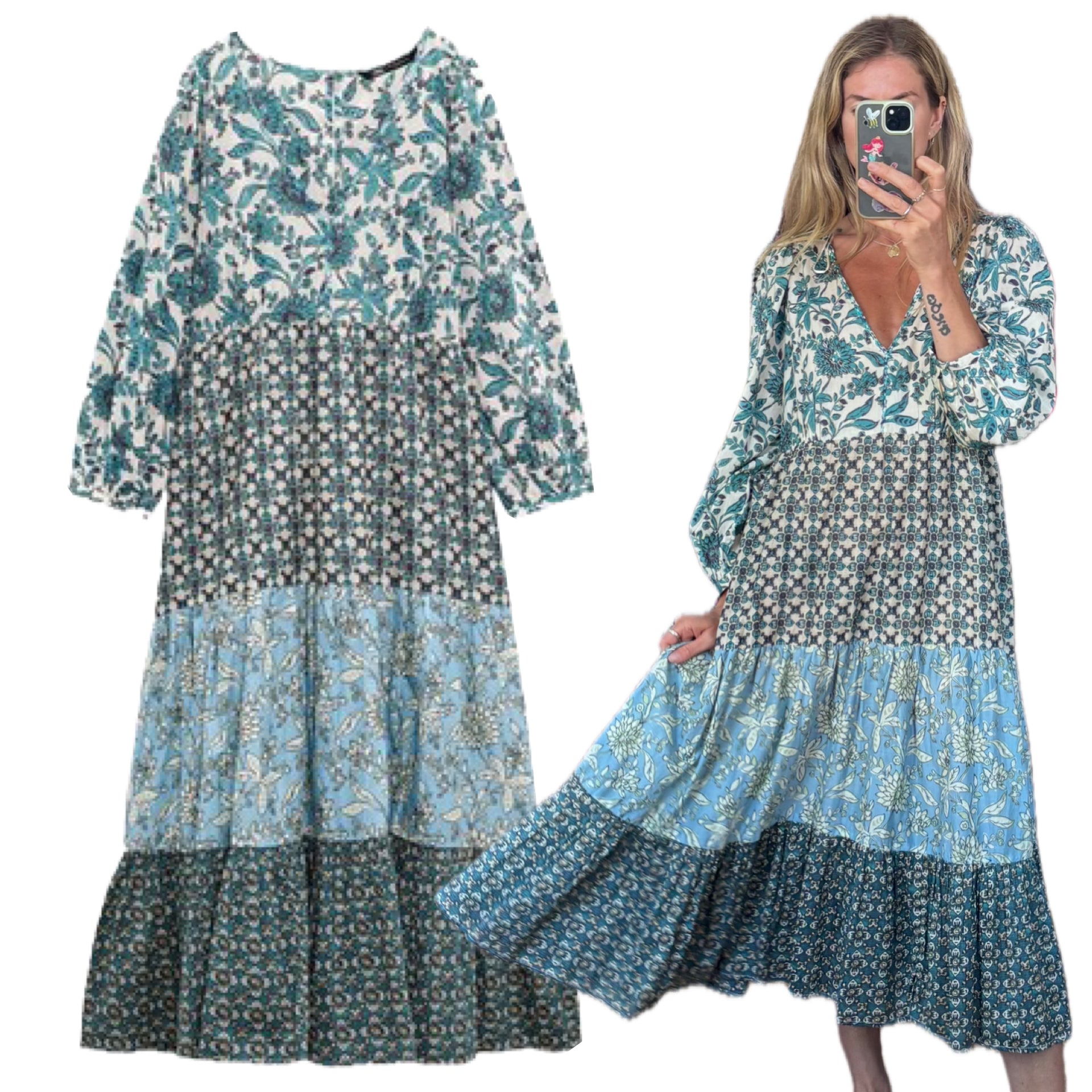Zara Boho Floral Patchwork Print Tiered 100% Cotton Blue Boho Maxi Dress