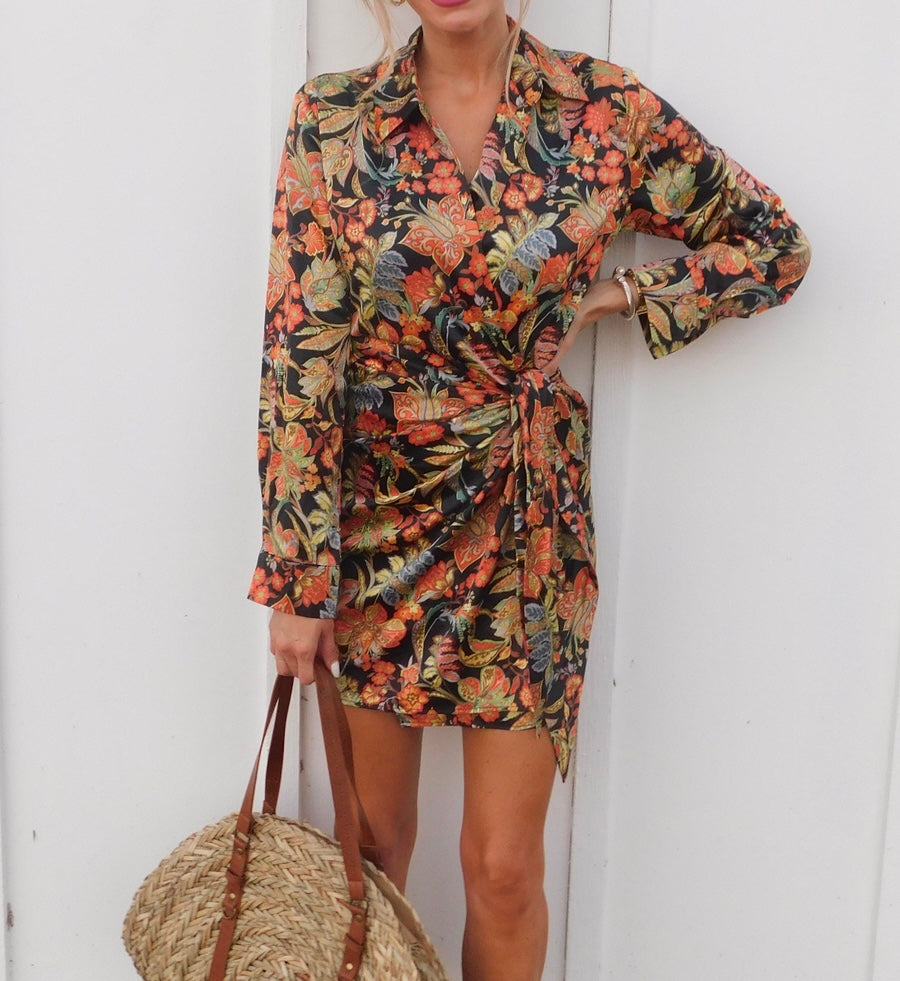 Olivia + James Paisley Satin Effect Wrap Ruched Collared Shirt Mini Dress