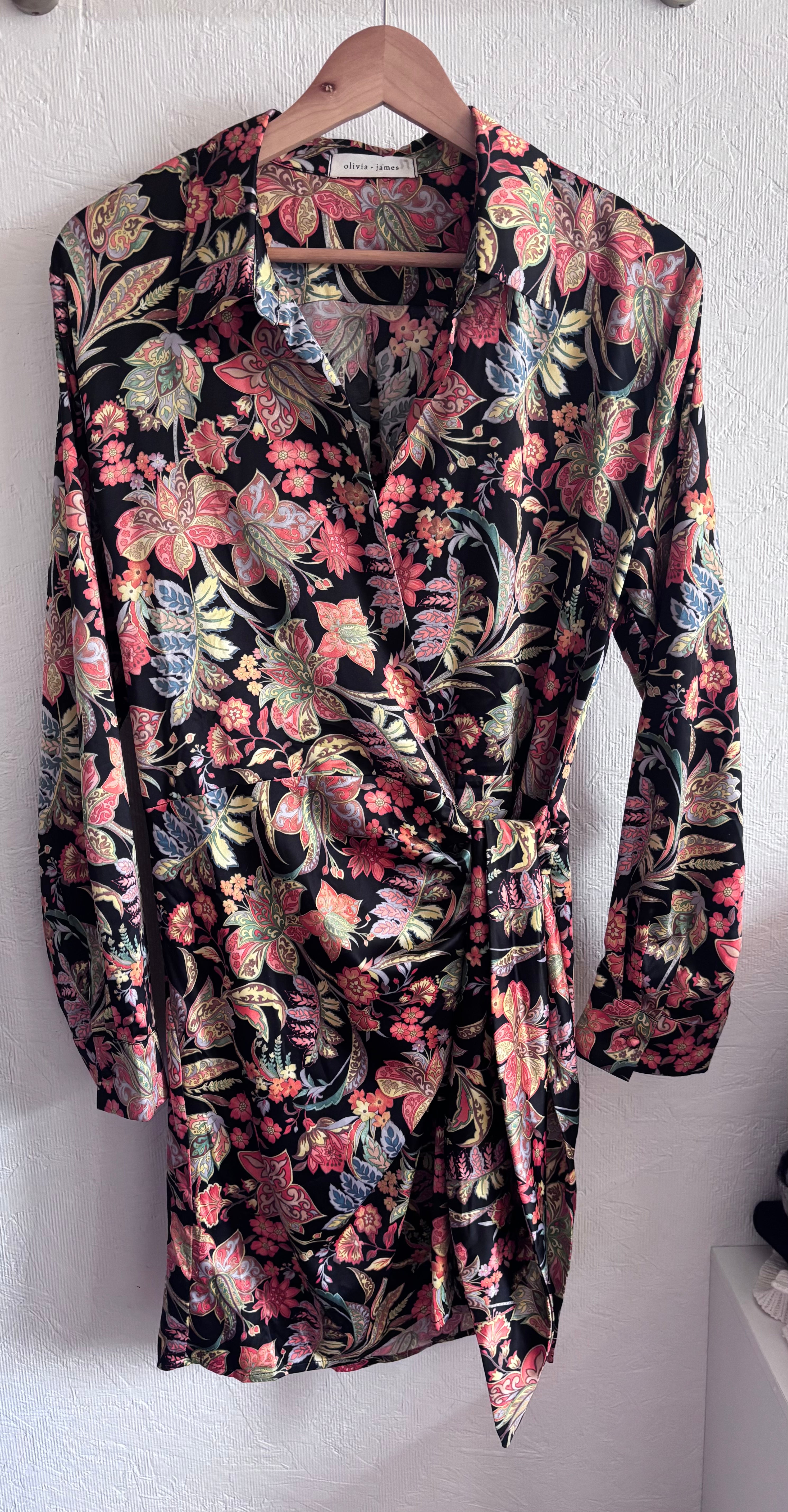 Olivia + James Paisley Satin Effect Wrap Ruched Collared Shirt Mini Dress