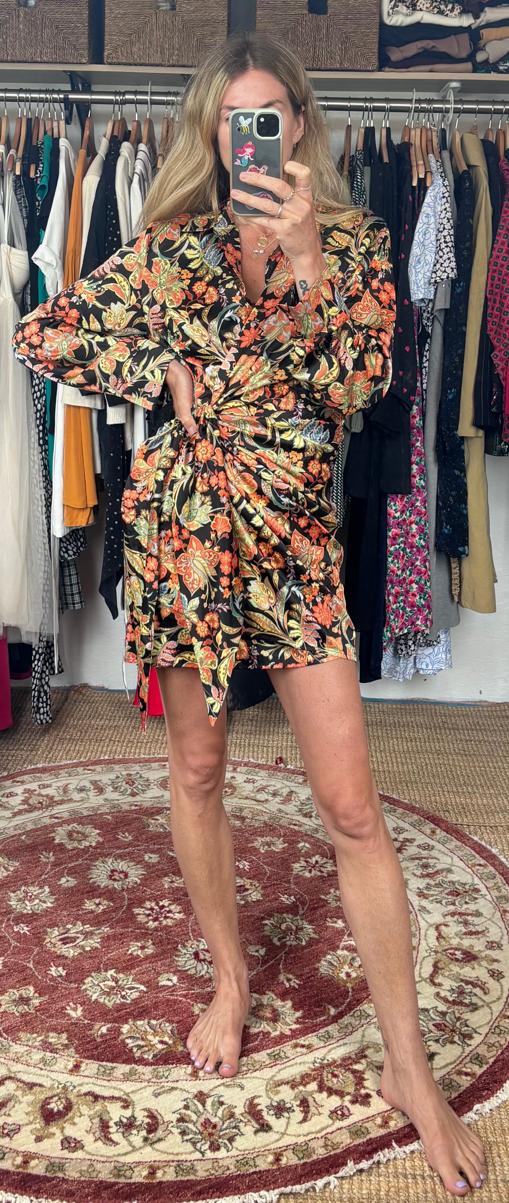 Olivia + James Paisley Satin Effect Wrap Ruched Collared Shirt Mini Dress