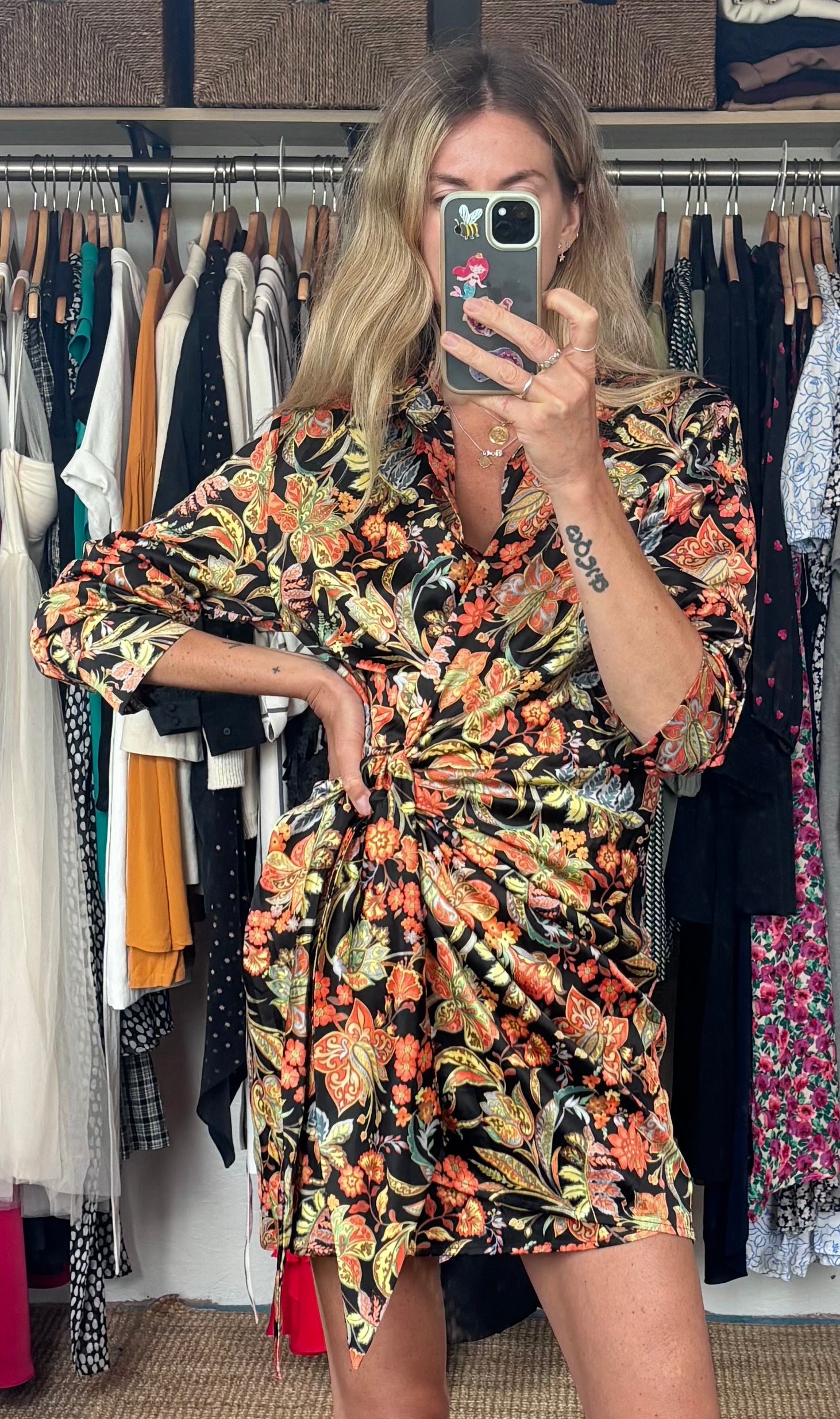 Olivia + James Paisley Satin Effect Wrap Ruched Collared Shirt Mini Dress