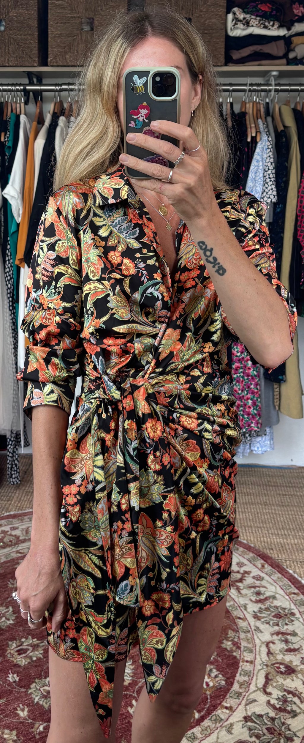 Olivia + James Paisley Satin Effect Wrap Ruched Collared Shirt Mini Dress