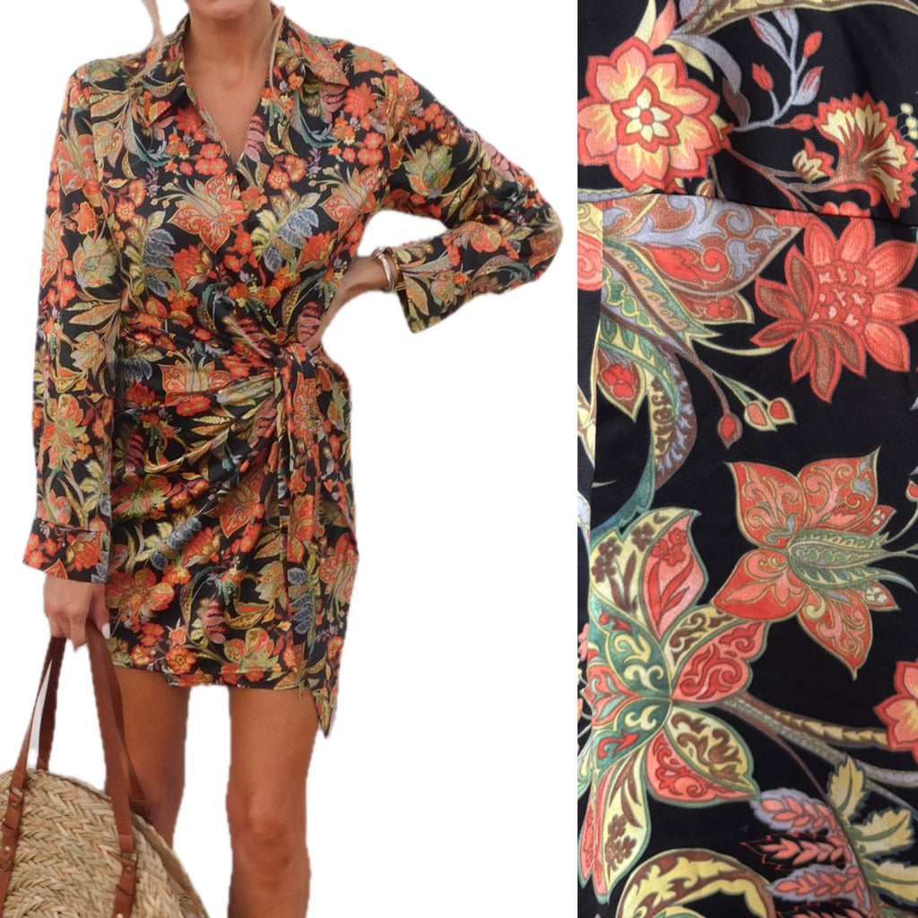 Olivia + James Paisley Satin Effect Wrap Ruched Collared Shirt Mini Dress