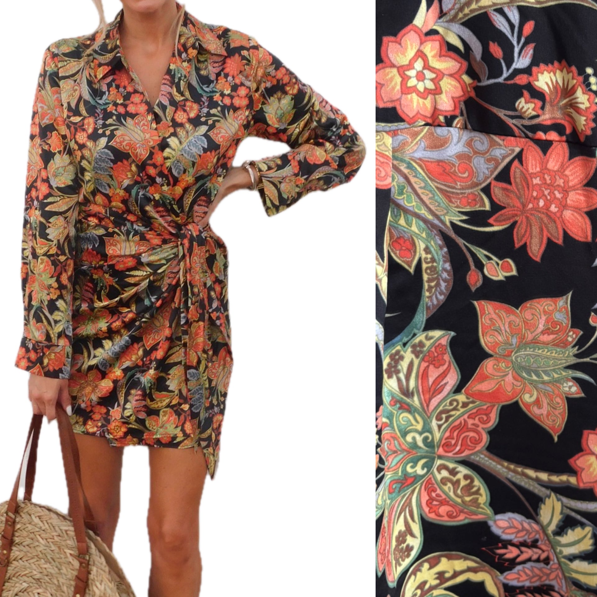 Olivia + James Paisley Satin Effect Wrap Ruched Collared Shirt Mini Dress