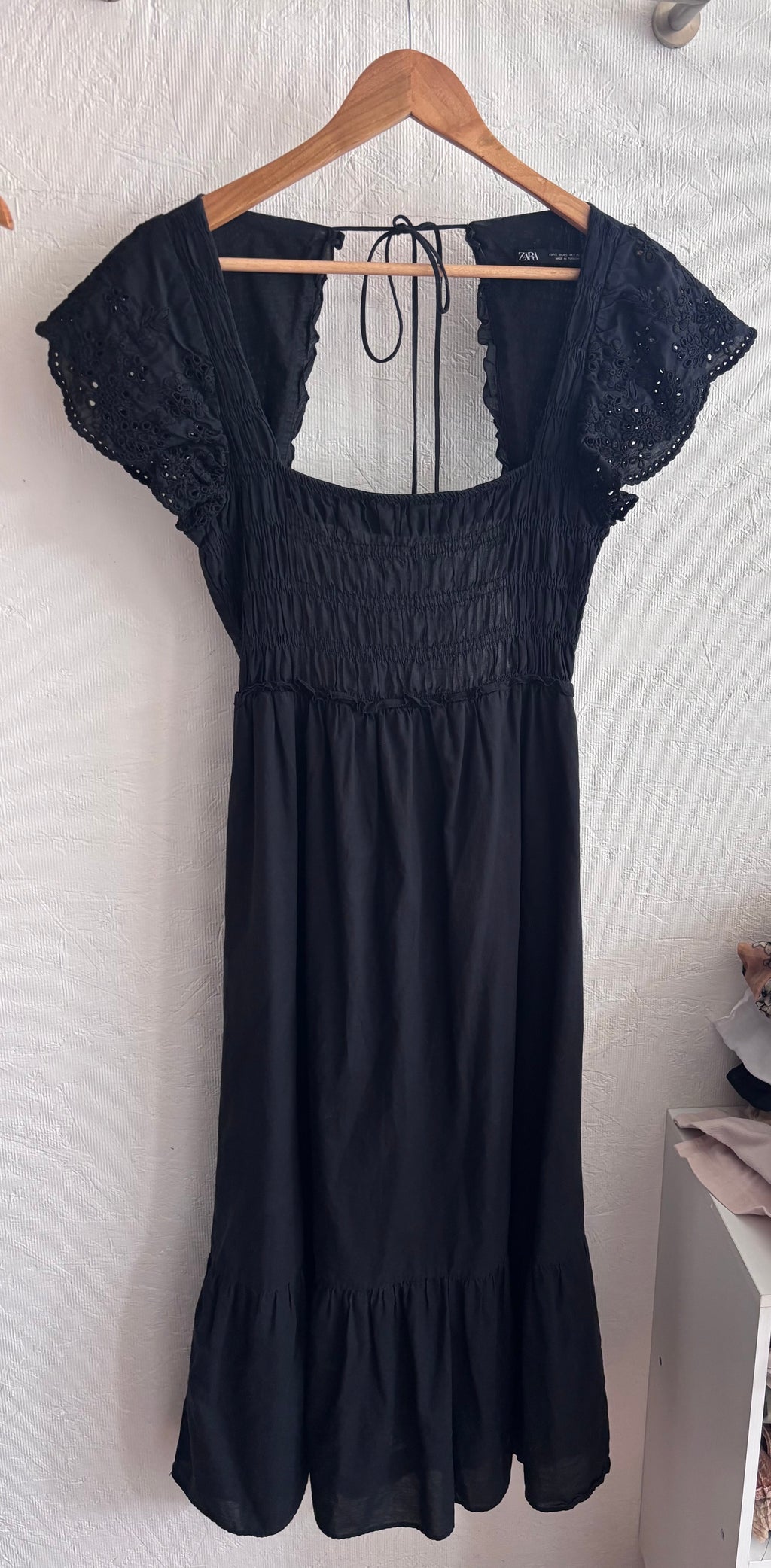 Zara Black 100% Cotton Open Back Backless Eyelet Midi Maxi Shirred Square Neckline Boho Prairie Dress