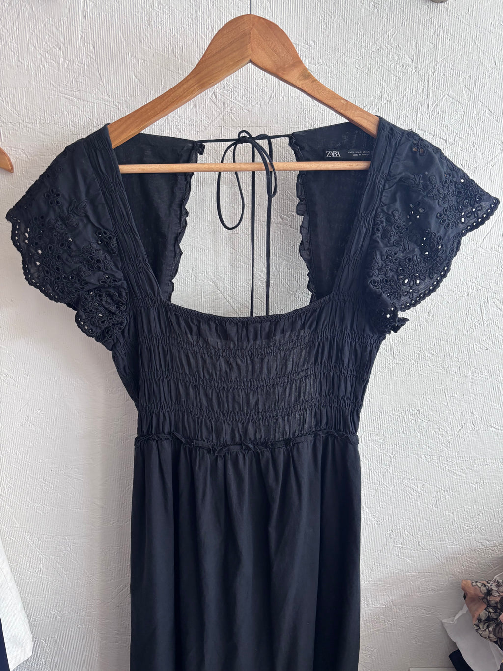 Zara Black 100% Cotton Open Back Backless Eyelet Midi Maxi Shirred Square Neckline Boho Prairie Dress