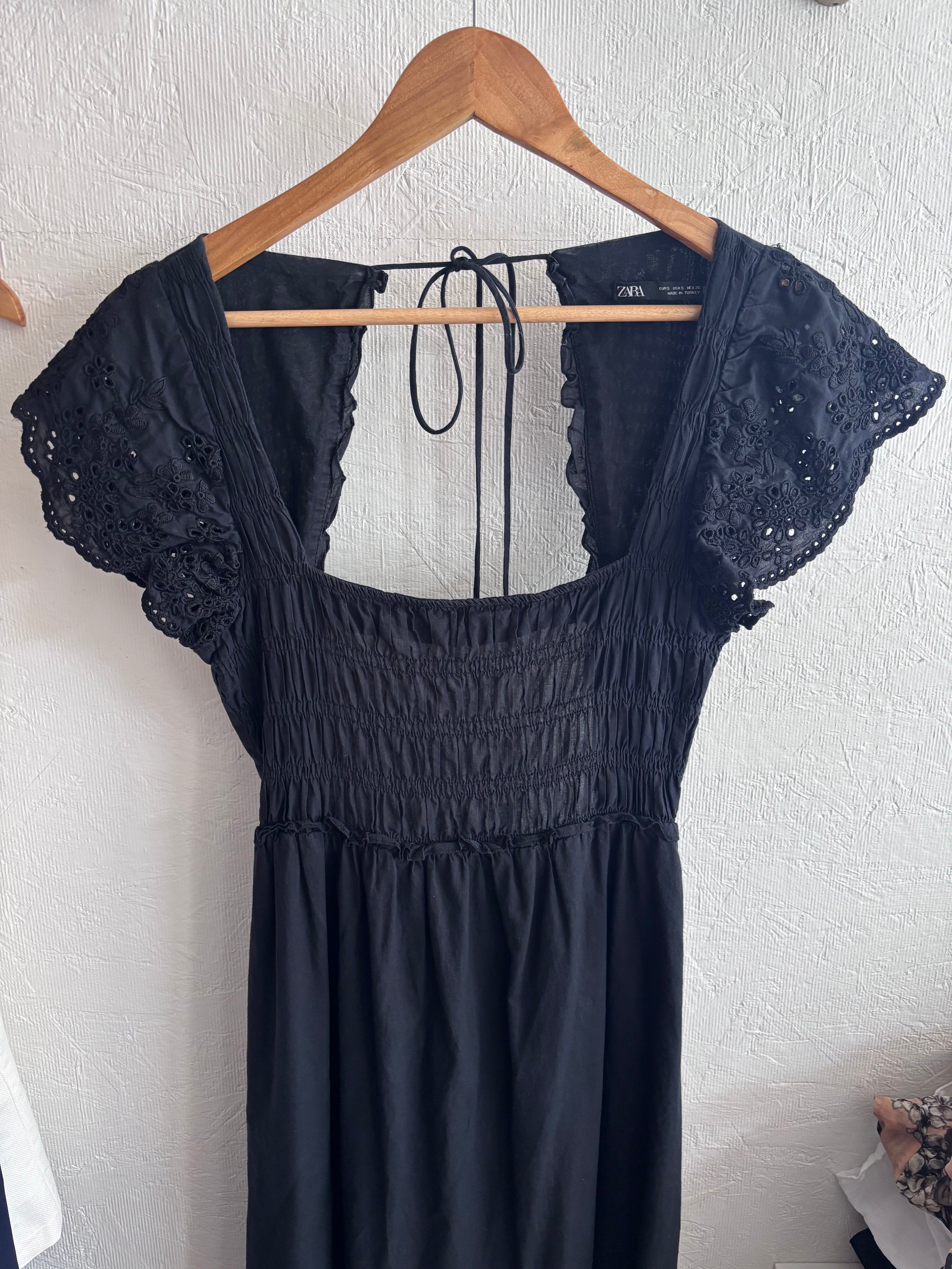 Zara Black 100% Cotton Open Back Backless Eyelet Midi Maxi Shirred Square Neckline Boho Prairie Dress