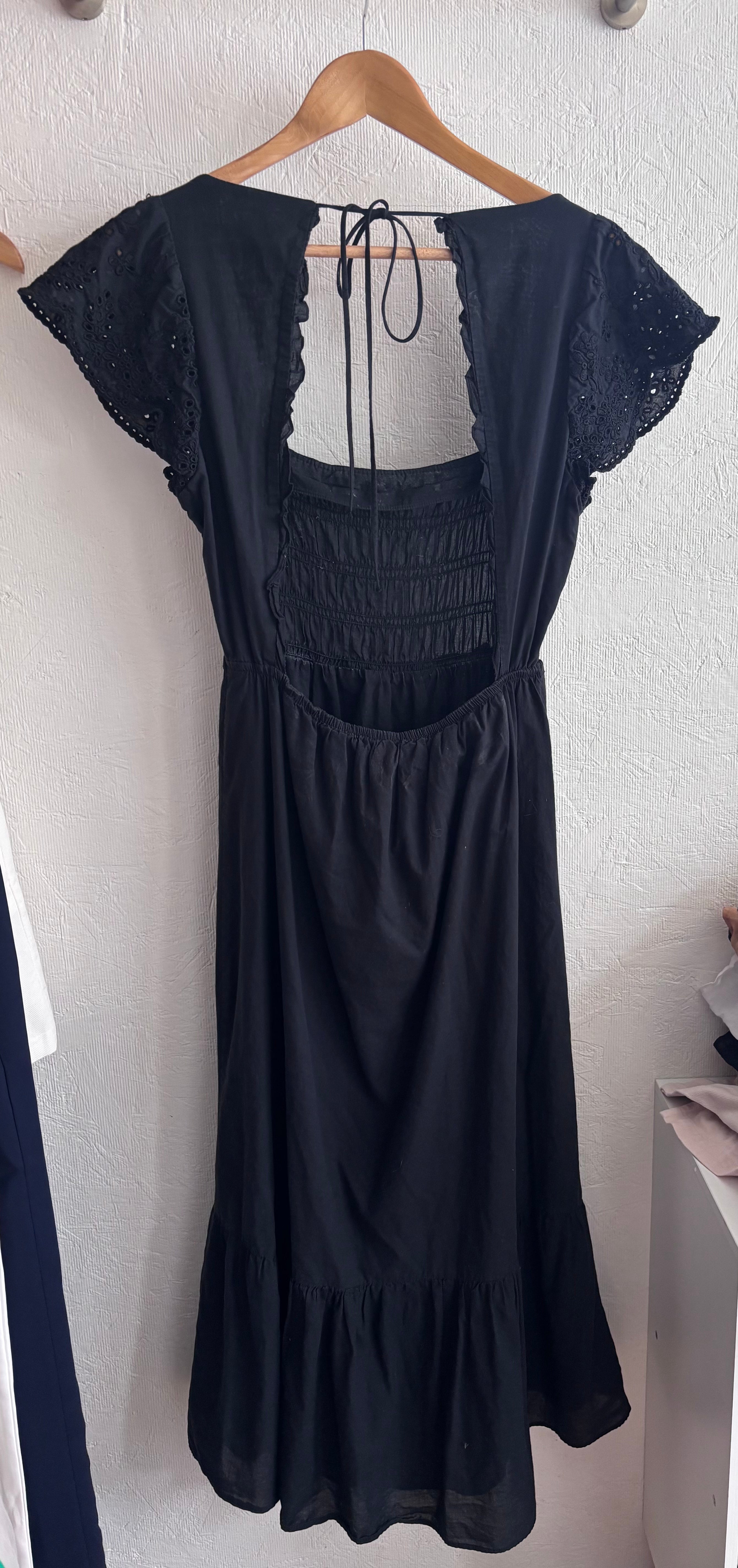 Zara Black 100% Cotton Open Back Backless Eyelet Midi Maxi Shirred Square Neckline Boho Prairie Dress