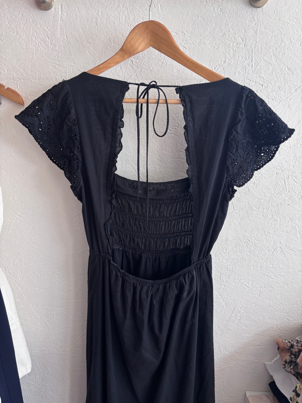 Zara Black 100% Cotton Open Back Backless Eyelet Midi Maxi Shirred Square Neckline Boho Prairie Dress