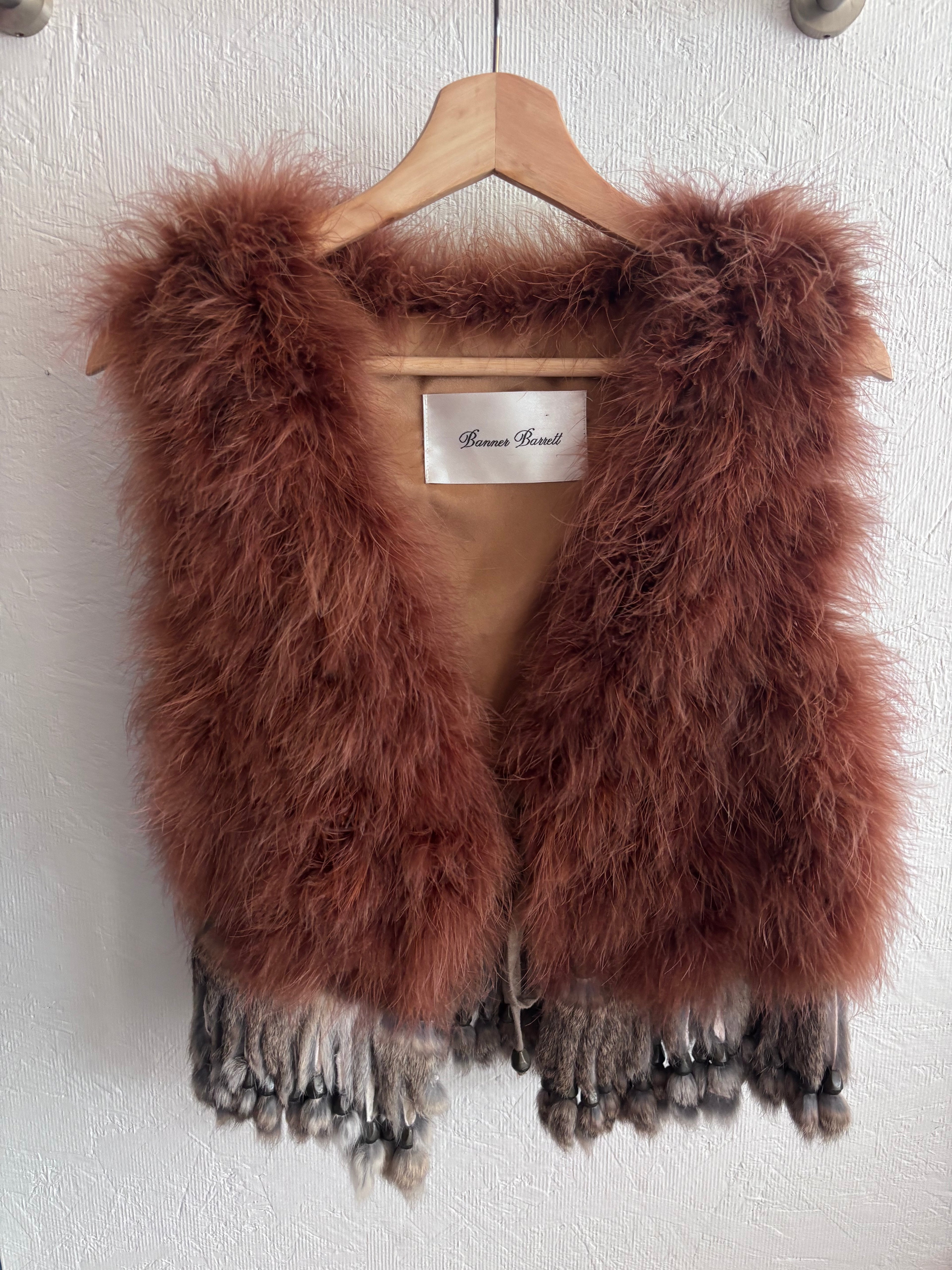 Vintage Banner Barrett Dusty Brown Pink Ostrich Feather Rabbit Fur Beaded Tassel Festival Boho Gilet Vest