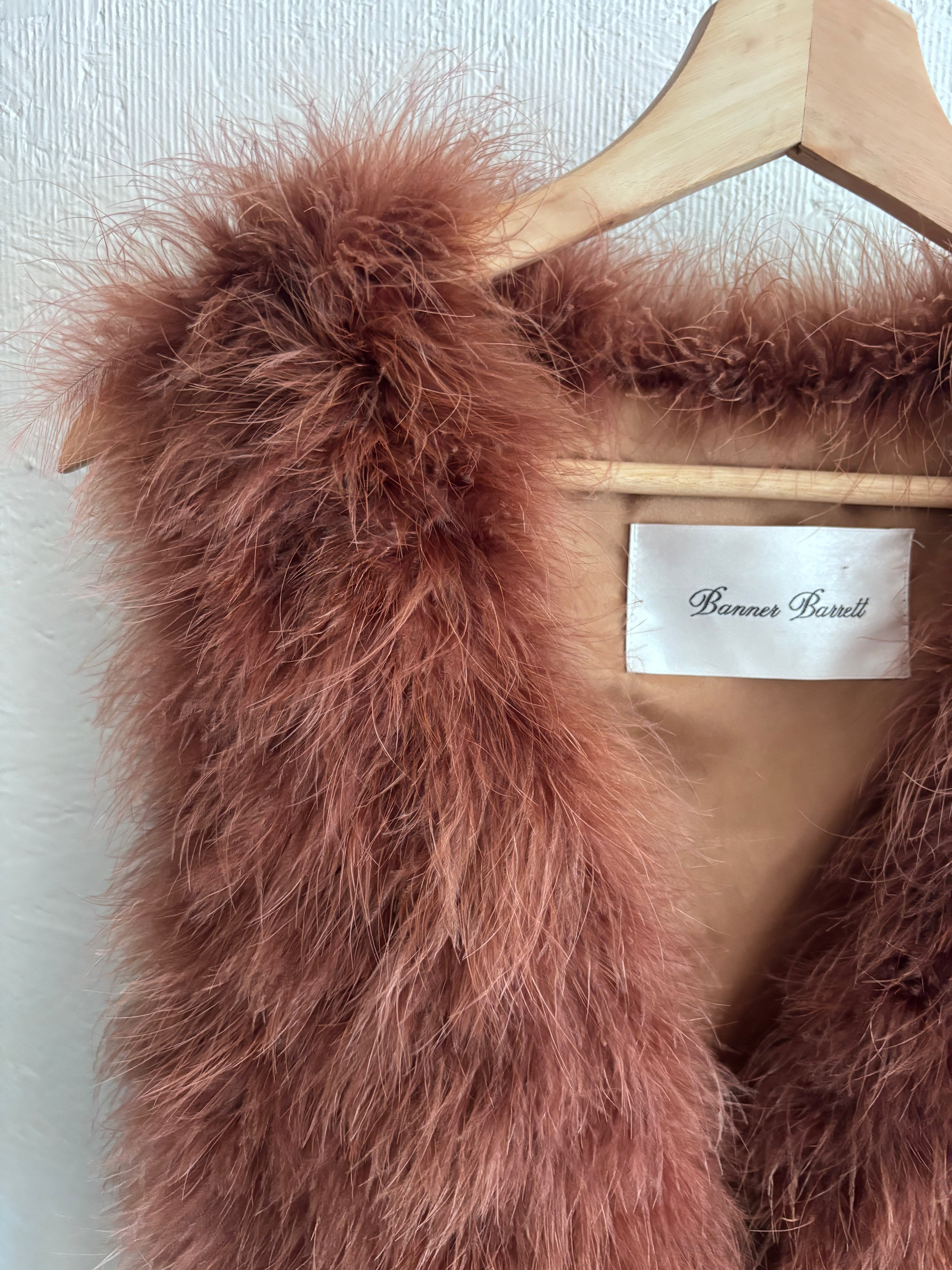 Vintage Banner Barrett Dusty Brown Pink Ostrich Feather Rabbit Fur Beaded Tassel Festival Boho Gilet Vest
