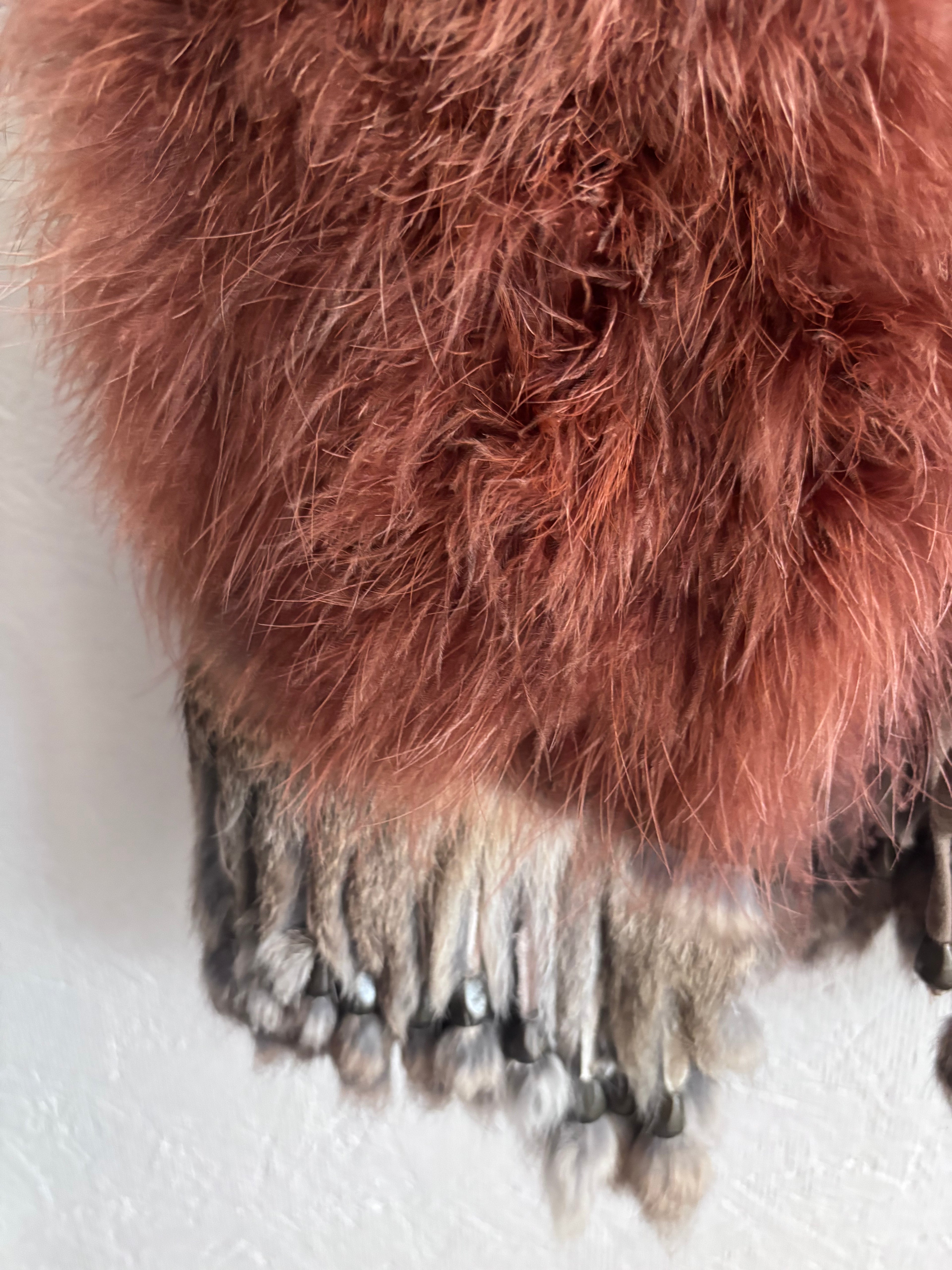 Vintage Banner Barrett Dusty Brown Pink Ostrich Feather Rabbit Fur Beaded Tassel Festival Boho Gilet Vest