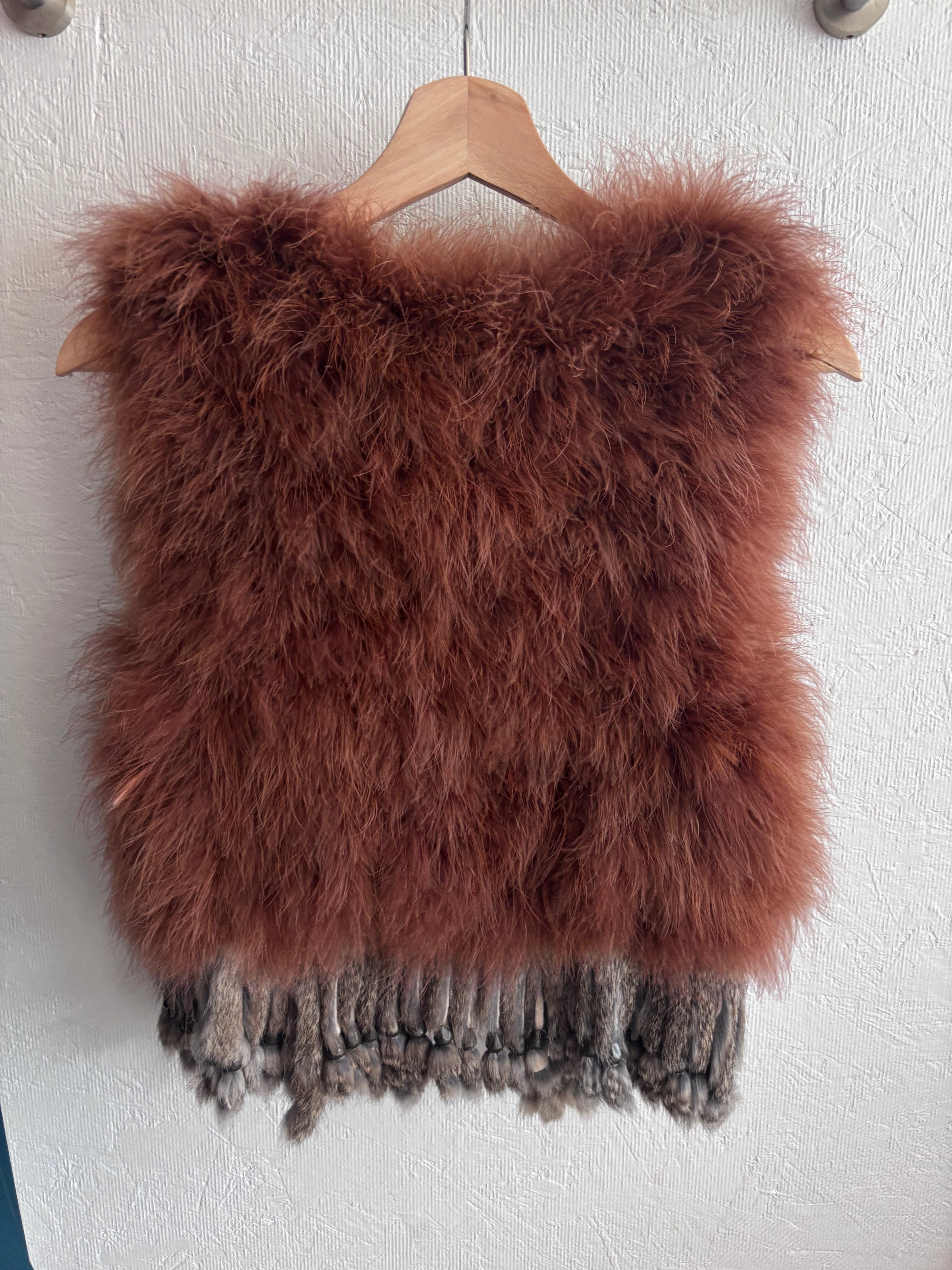 Vintage Banner Barrett Dusty Brown Pink Ostrich Feather Rabbit Fur Beaded Tassel Festival Boho Gilet Vest