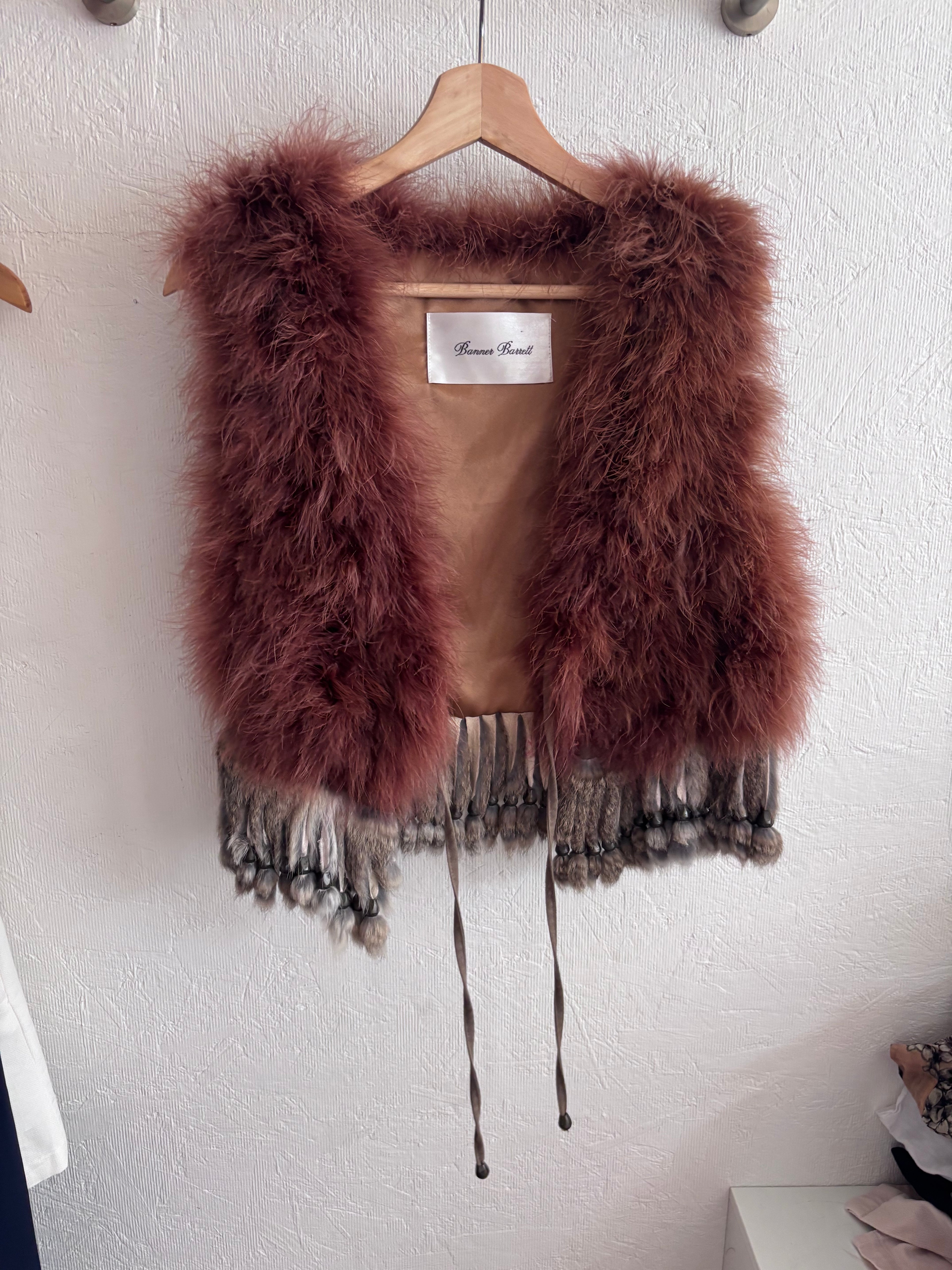 Vintage Banner Barrett Dusty Brown Pink Ostrich Feather Rabbit Fur Beaded Tassel Festival Boho Gilet Vest