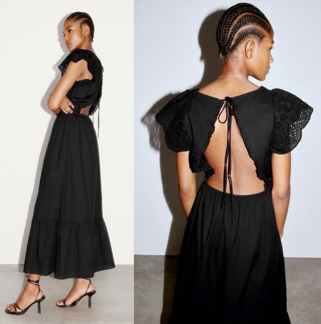 Zara Black 100% Cotton Open Back Backless Eyelet Midi Maxi Shirred Square Neckline Boho Prairie Dress