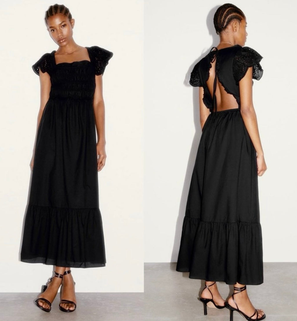 Zara Black 100% Cotton Open Back Backless Eyelet Midi Maxi Shirred Square Neckline Boho Prairie Dress