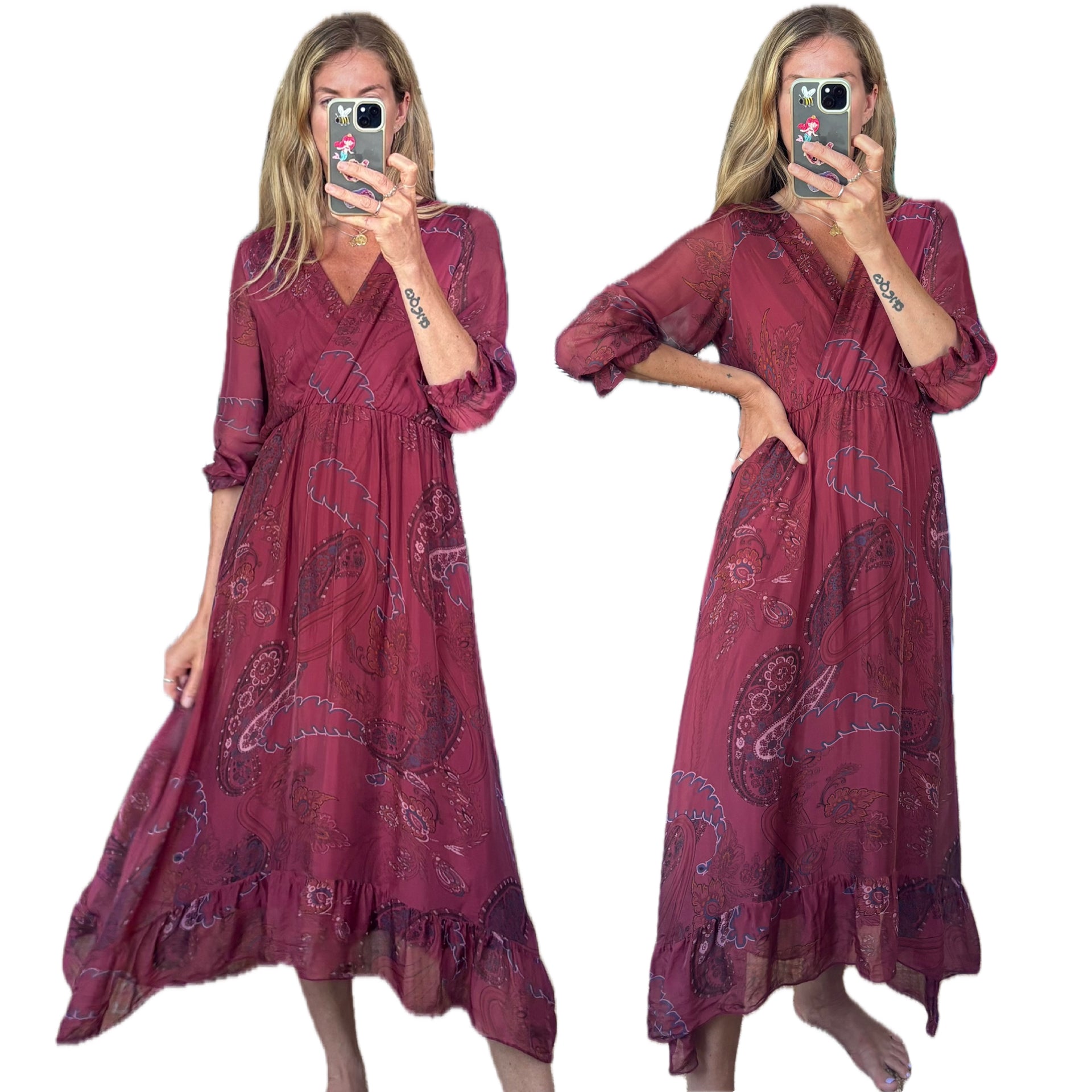 Vintage Anna Melan Made in Italy Boho Burgundy Maroon Paisley Print Ruffle Silk Blend Midi Dress