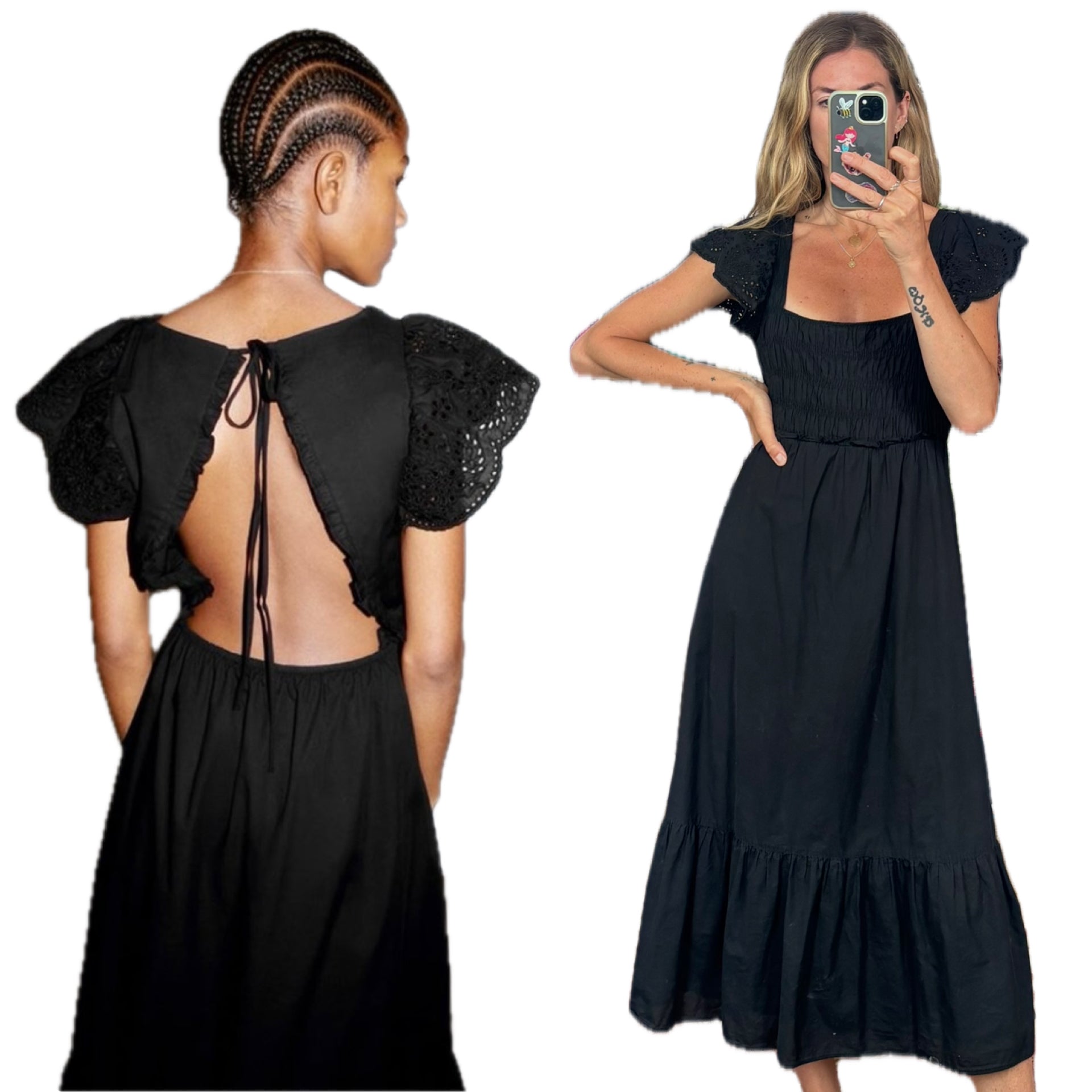 Zara Black 100% Cotton Open Back Backless Eyelet Midi Maxi Shirred Square Neckline Boho Prairie Dress