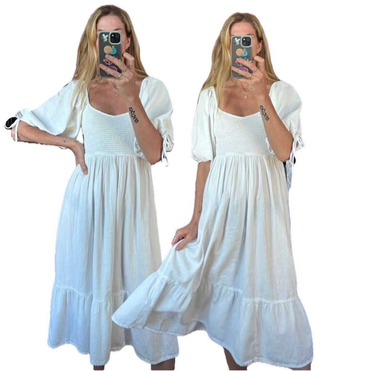 Accessorize London White 100% Cotton Boho Puff Sleeve Midi Maxi Shirred Bodice Square Neckline Ruffle Dress