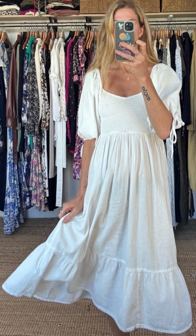 Accessorize London White 100% Cotton Boho Puff Sleeve Midi Maxi Shirred Bodice Square Neckline Ruffle Dress