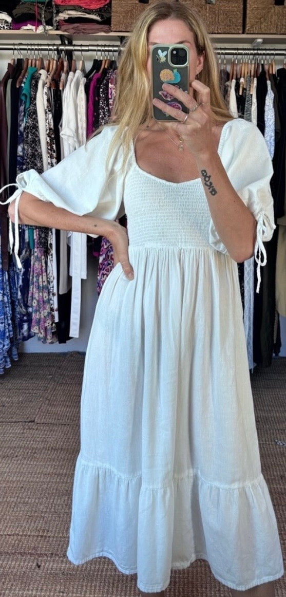 Accessorize London White 100% Cotton Boho Puff Sleeve Midi Maxi Shirred Bodice Square Neckline Ruffle Dress